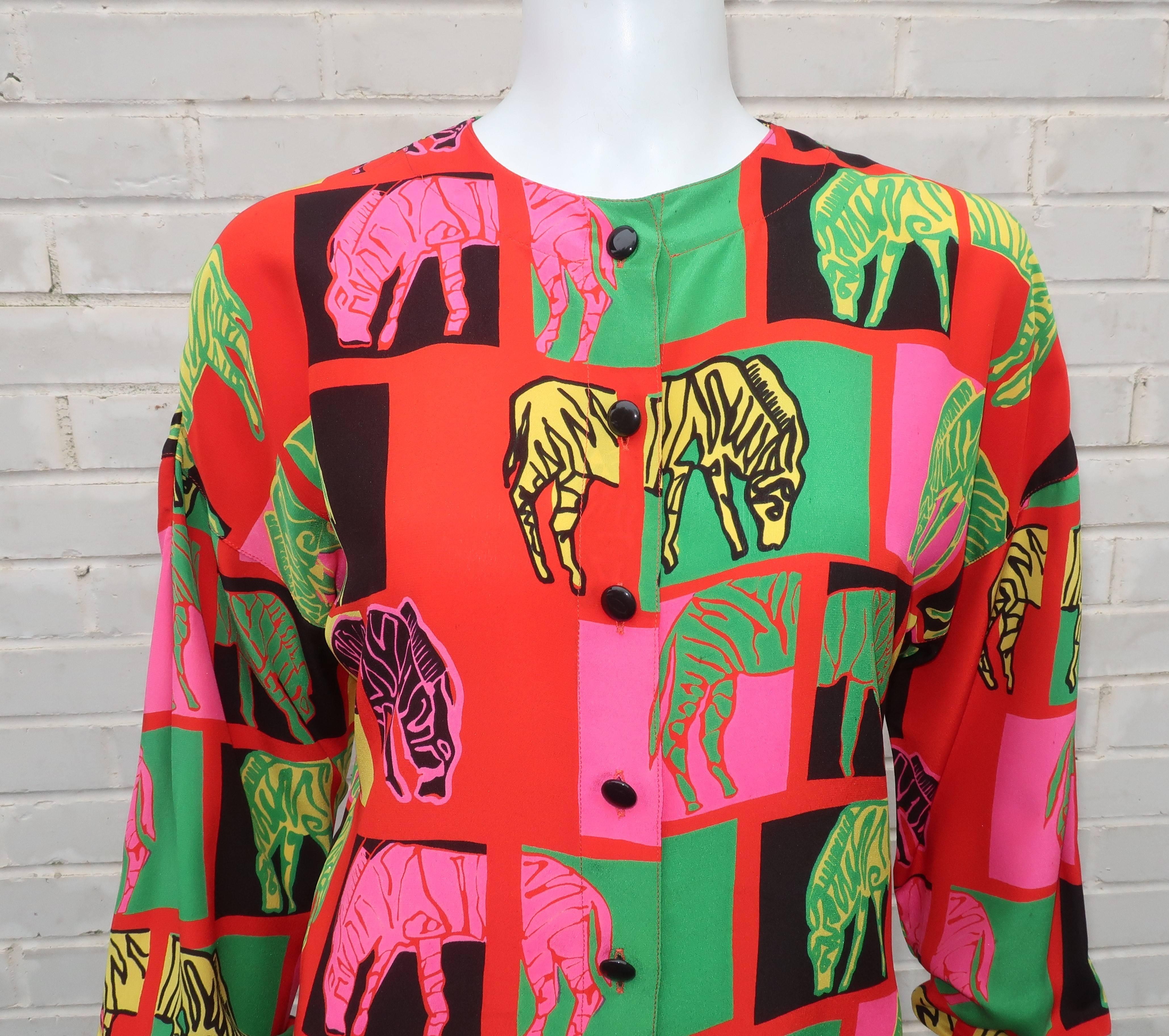 Pink 1980's Margaretha Ley for Escada Animal Print Silk Blouse