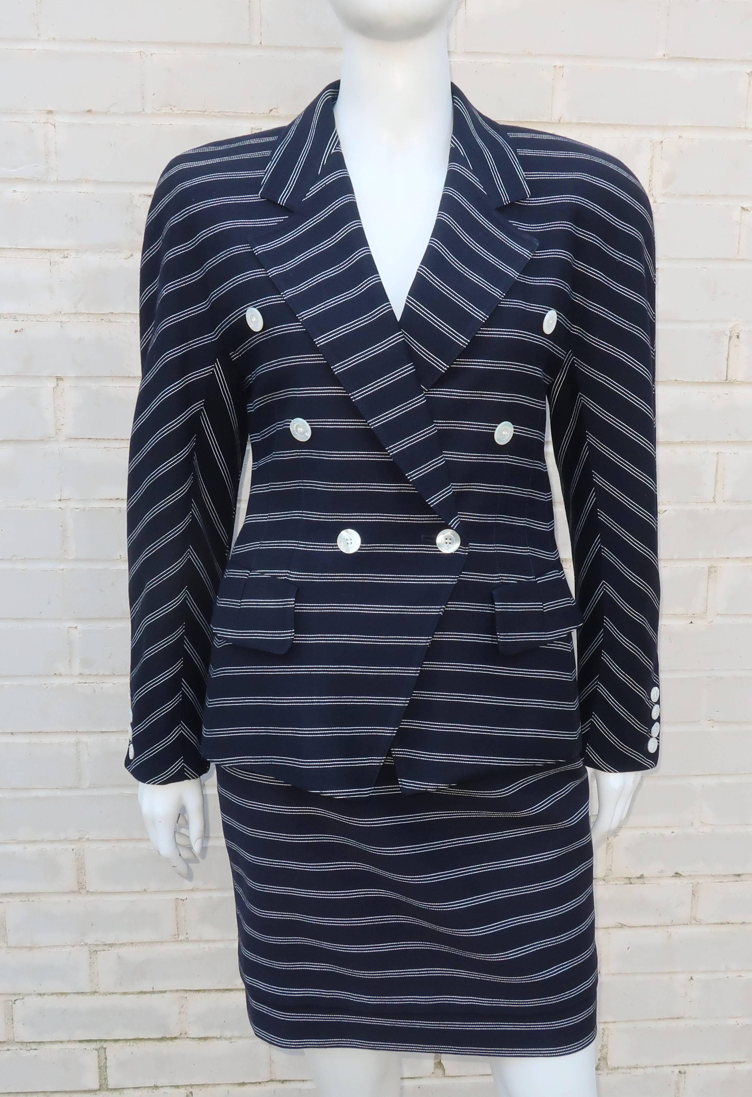 Some of the most beautiful power suits of the 1980's sprung from the artistic mind of Margaretha Ley and her Escada label.  This gorgeous lightweight wool dark blue and white striped skirt suit is a perfect example of Escada's use of high quality