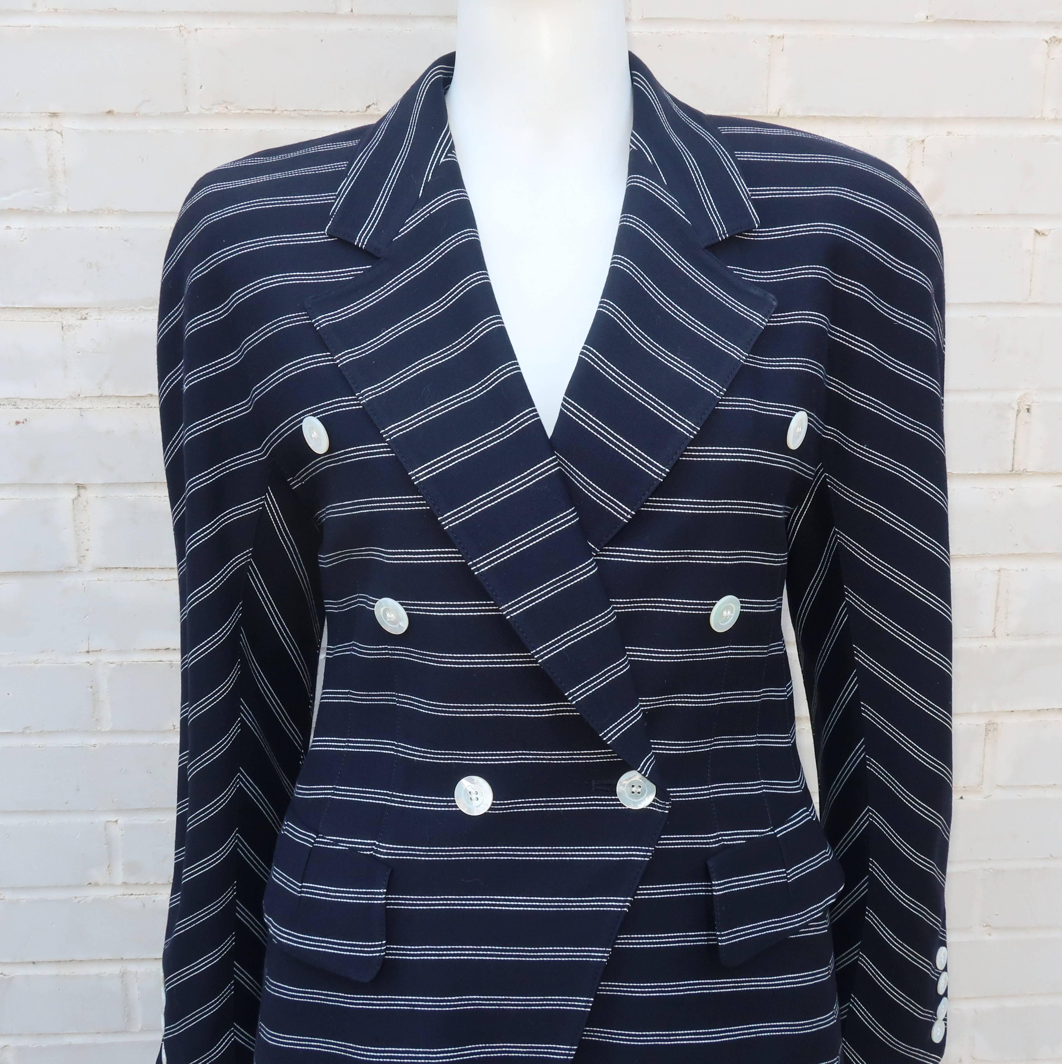 Black Margaretha Ley for Escada Blue and White Striped Skirt Suit, 1980s 