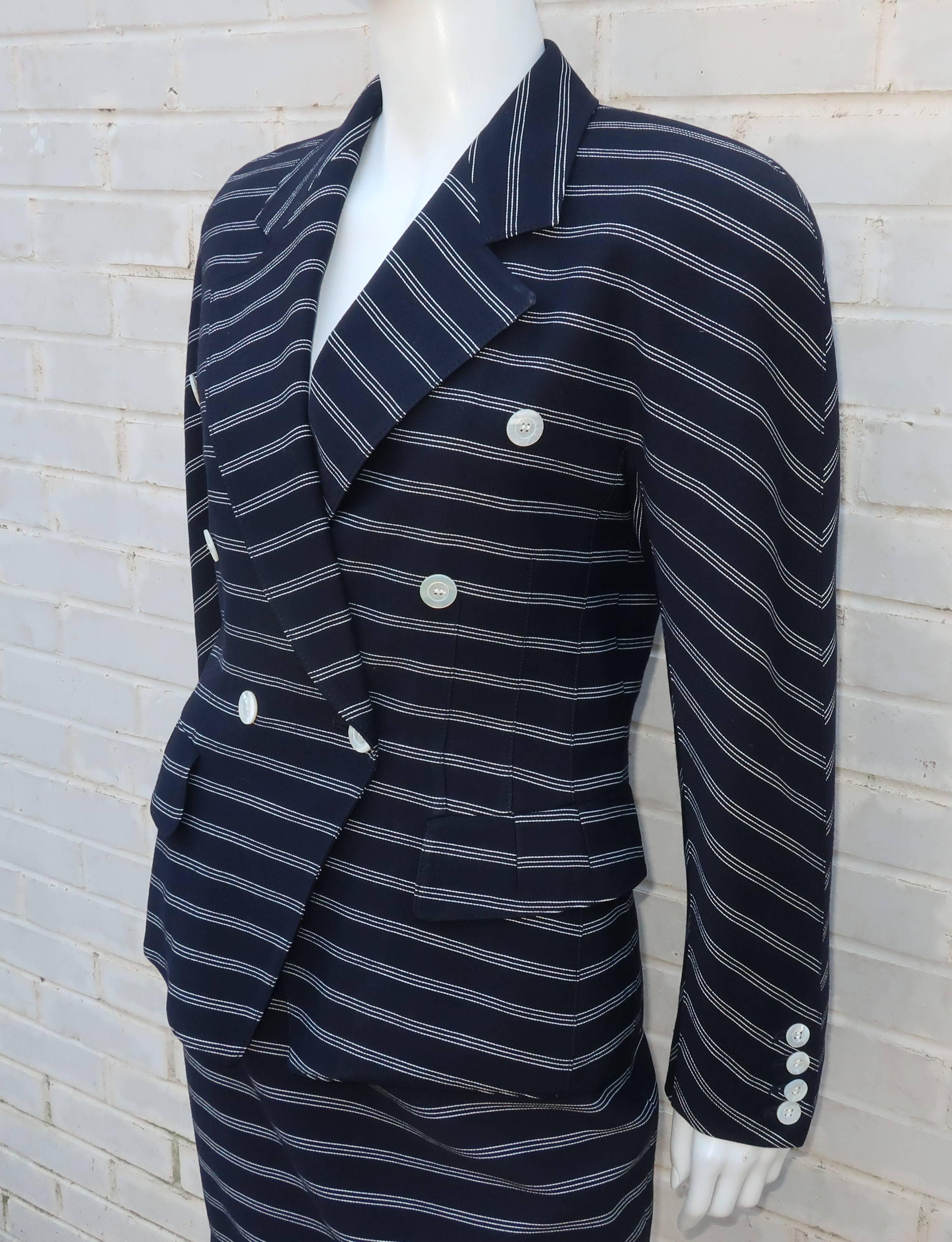 Women's Margaretha Ley for Escada Blue and White Striped Skirt Suit, 1980s 