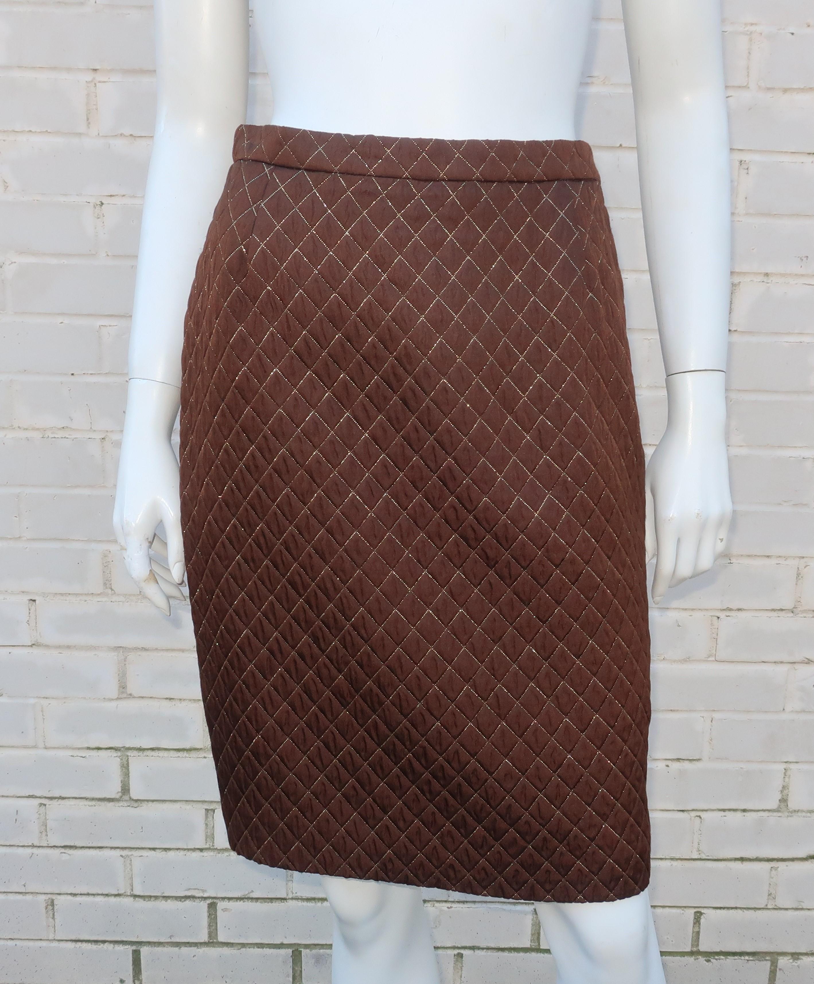 1980's Margaretha Ley for Escada Brown & Gold Silk Quilted Skirt Suit 8