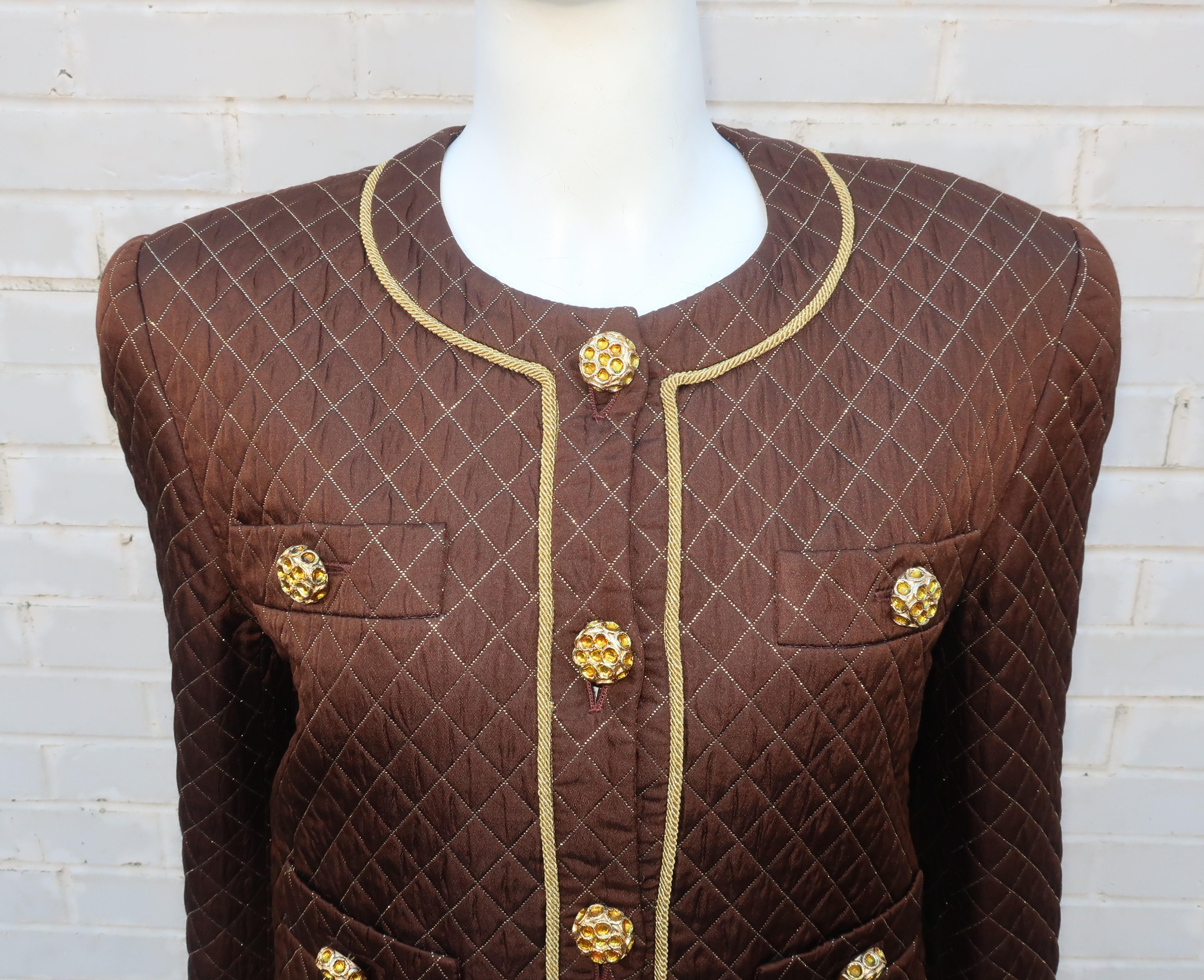 1980's Margaretha Ley for Escada Brown & Gold Silk Quilted Skirt Suit In Good Condition In Atlanta, GA