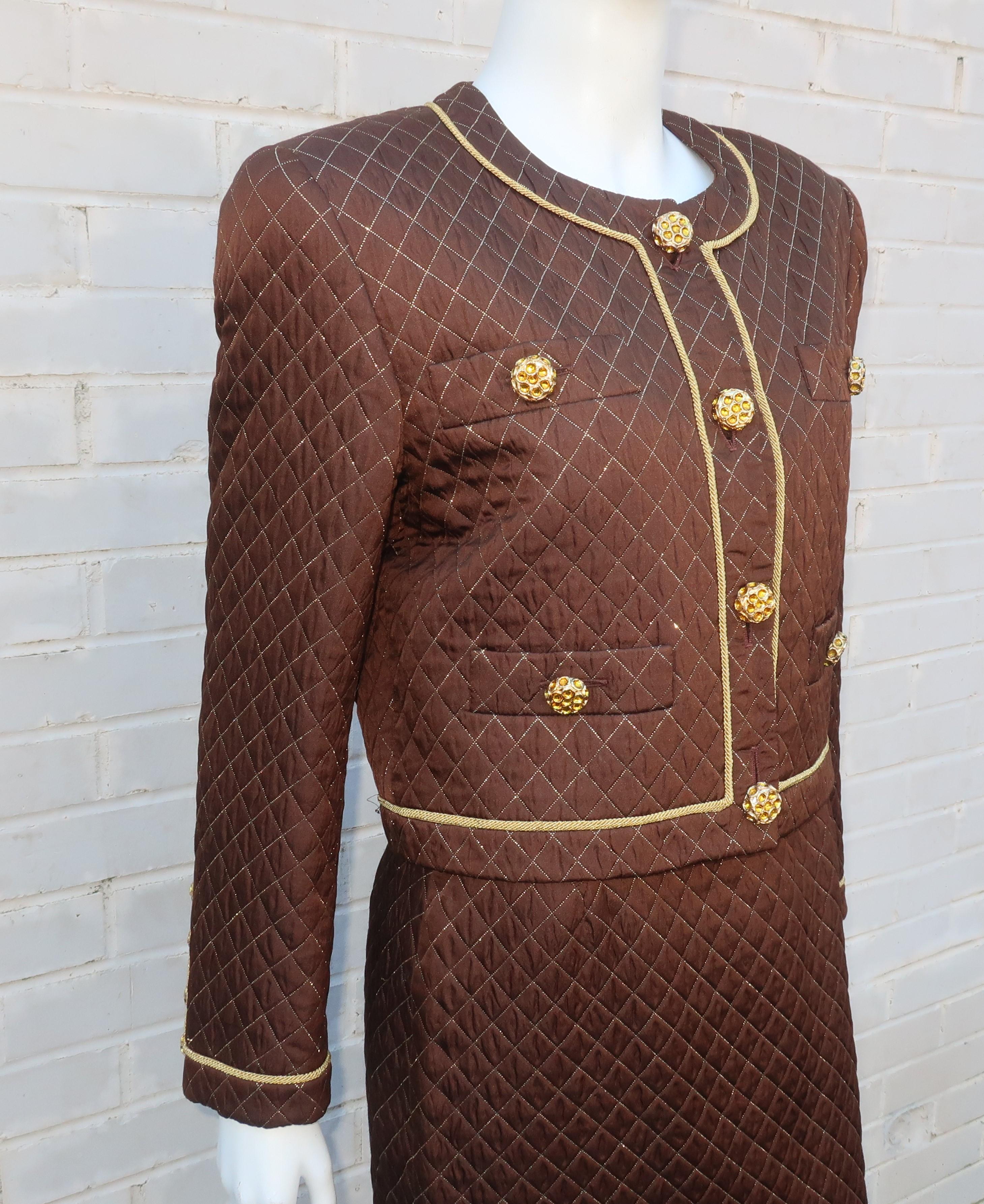 1980's Margaretha Ley for Escada Brown & Gold Silk Quilted Skirt Suit 2