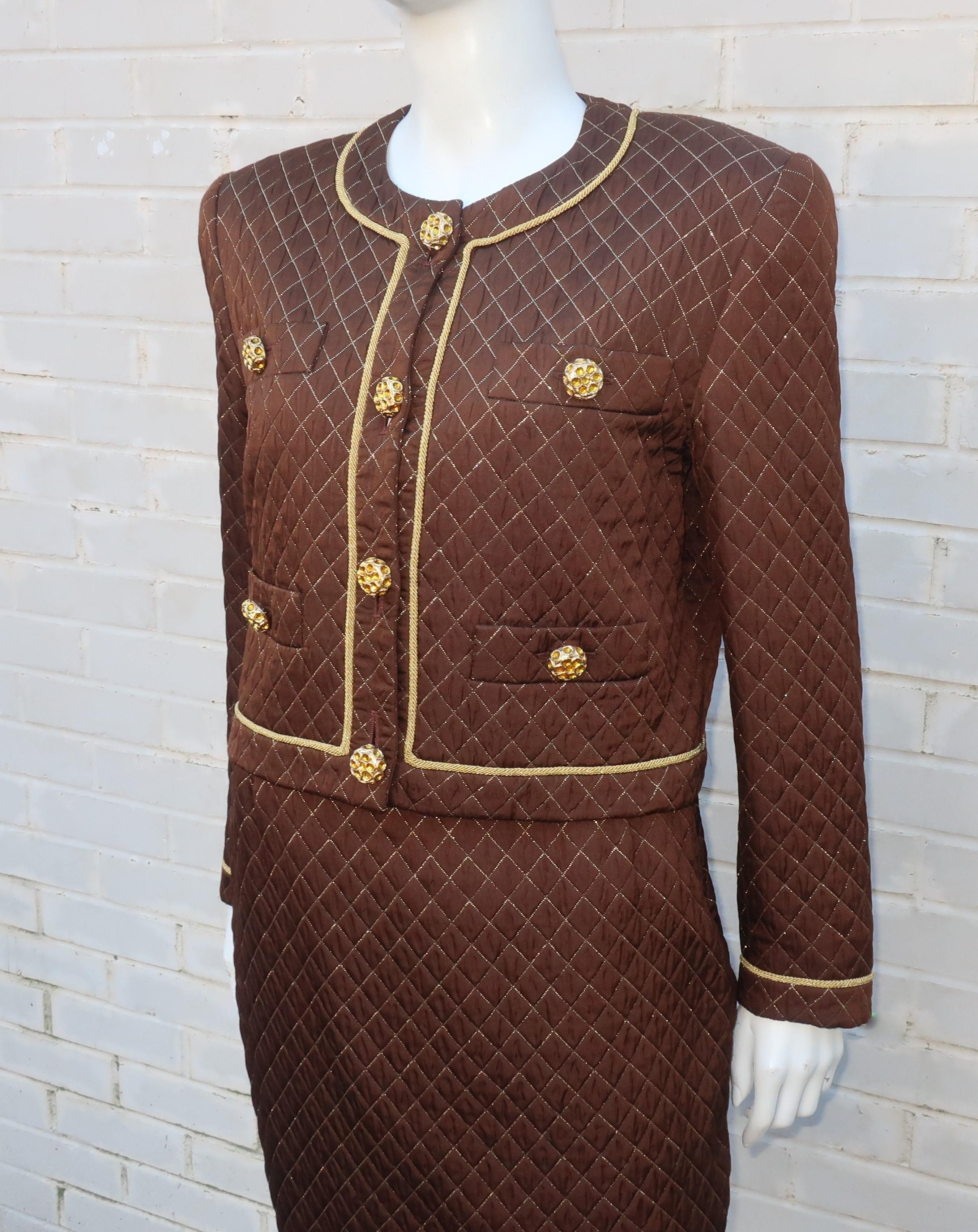 1980's Margaretha Ley for Escada Brown & Gold Silk Quilted Skirt Suit 3