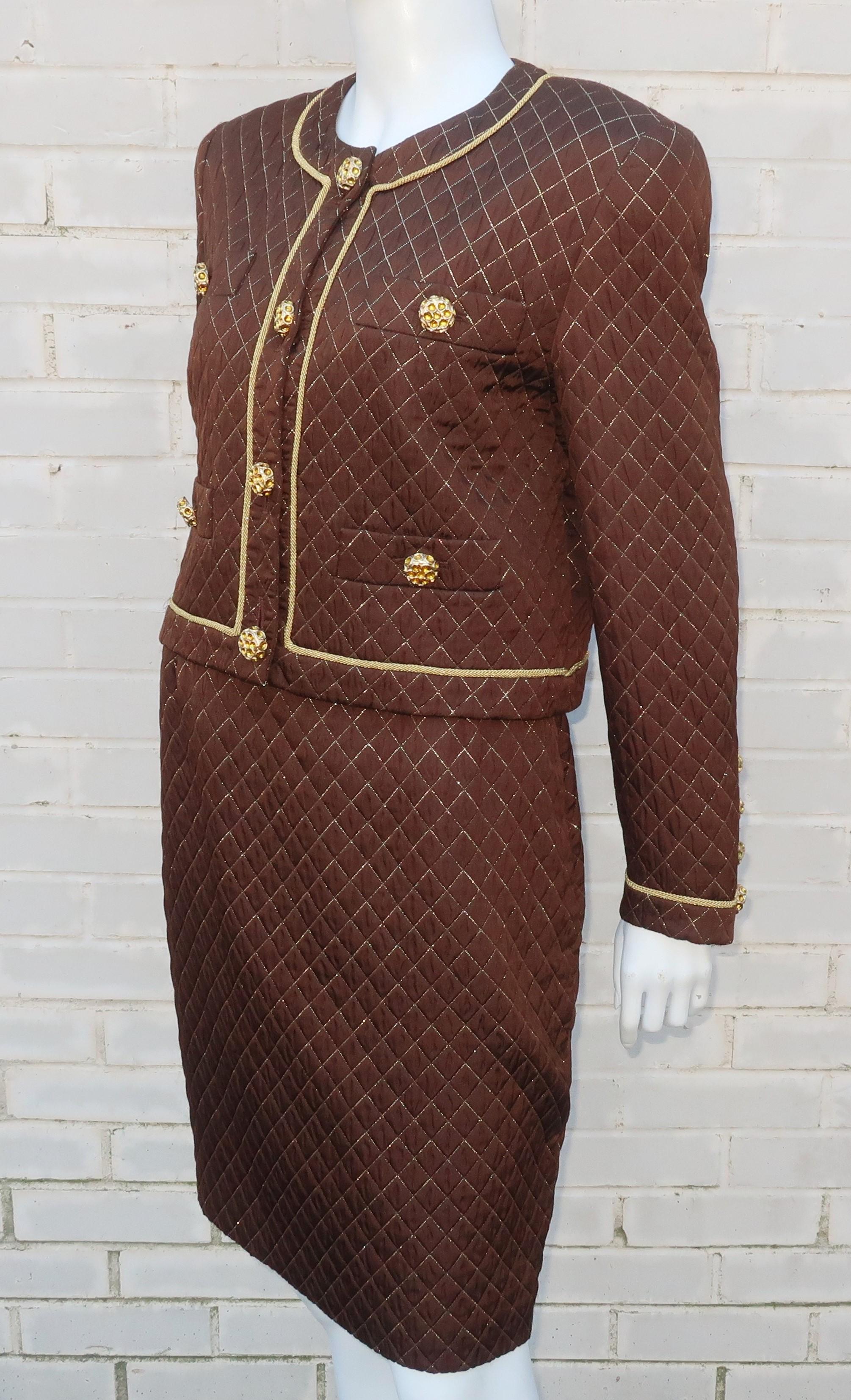 1980's Margaretha Ley for Escada Brown & Gold Silk Quilted Skirt Suit 4