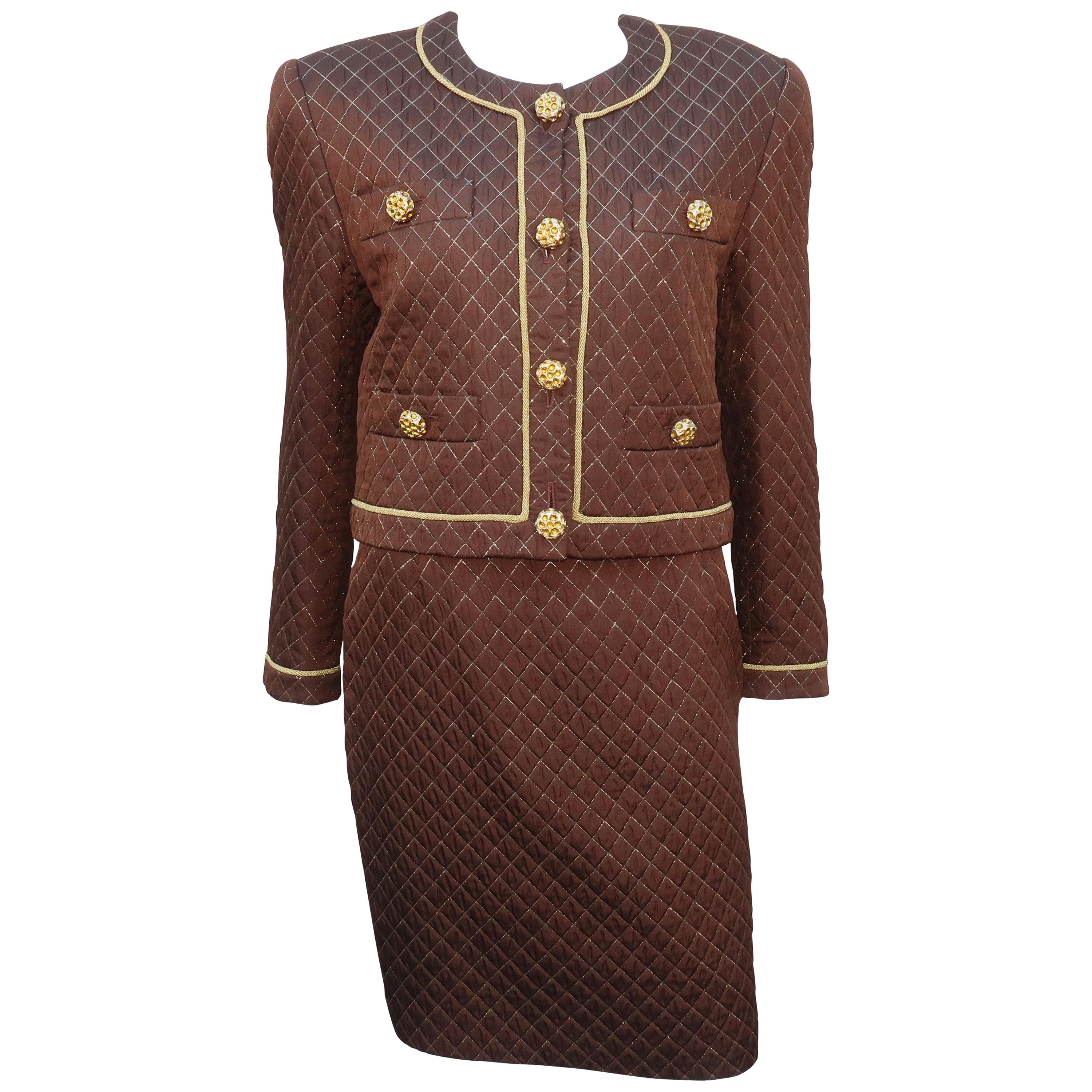 1980's Margaretha Ley for Escada Brown & Gold Silk Quilted Skirt Suit