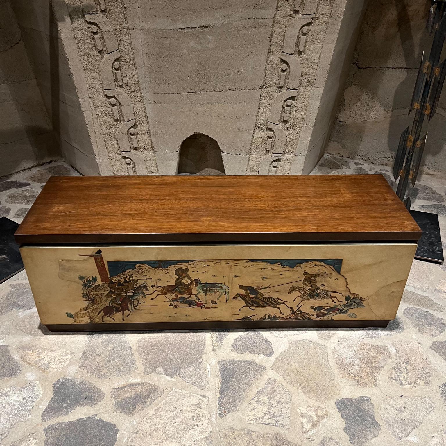 1980s María Teresa Méndez Antique Art Treasure Chest Trunk Cabinet Coffee Table 
Mexico City
Attributed to María Teresa Méndez (unsigned).
Craftmanship Quality is consistent with other work by MTM.
Hand painted-decorated in goatskin. Solid