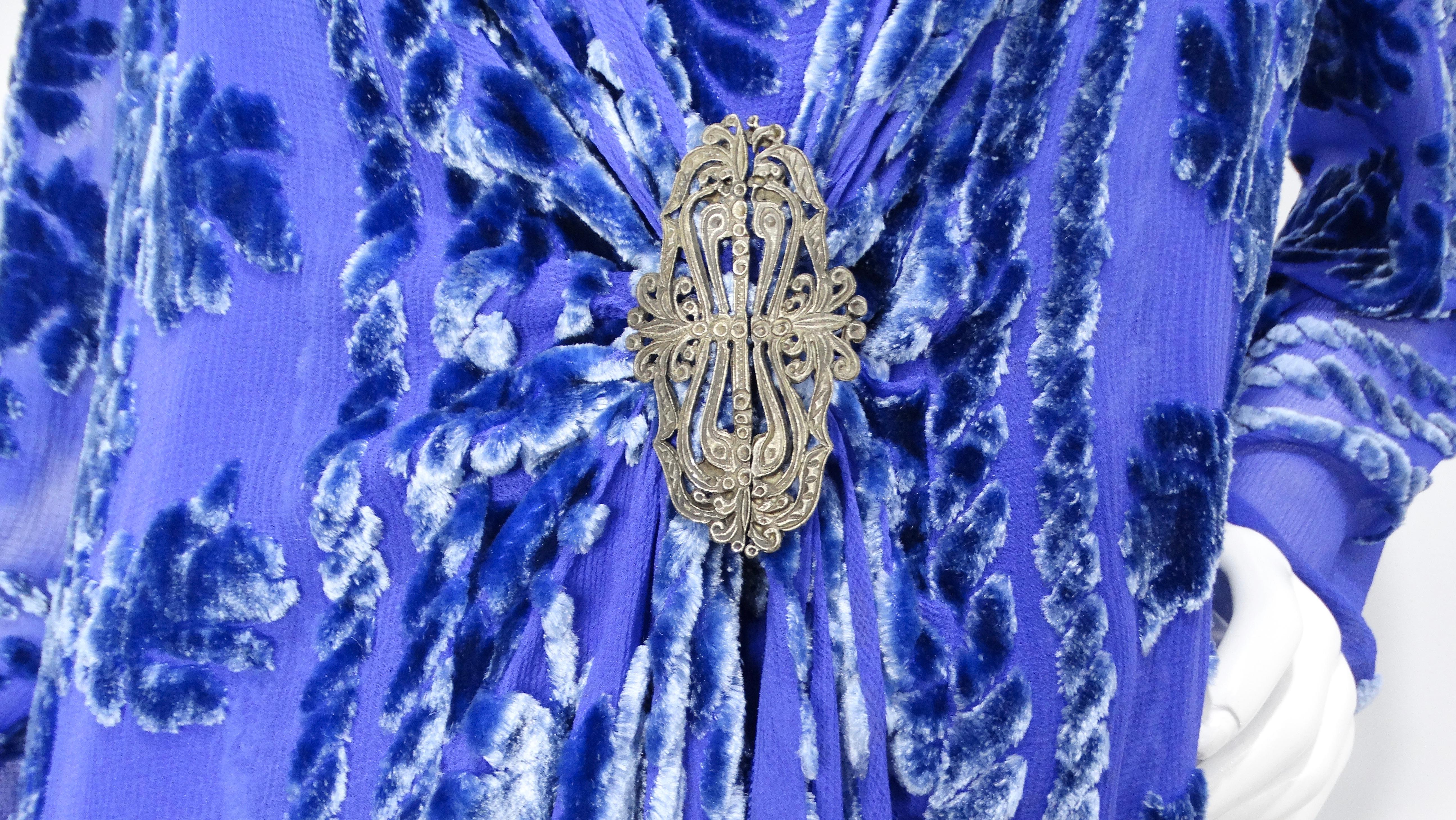 Women's 1980s Marian Clayden Electric Blue Burnt-Out Velvet Kimono For Sale