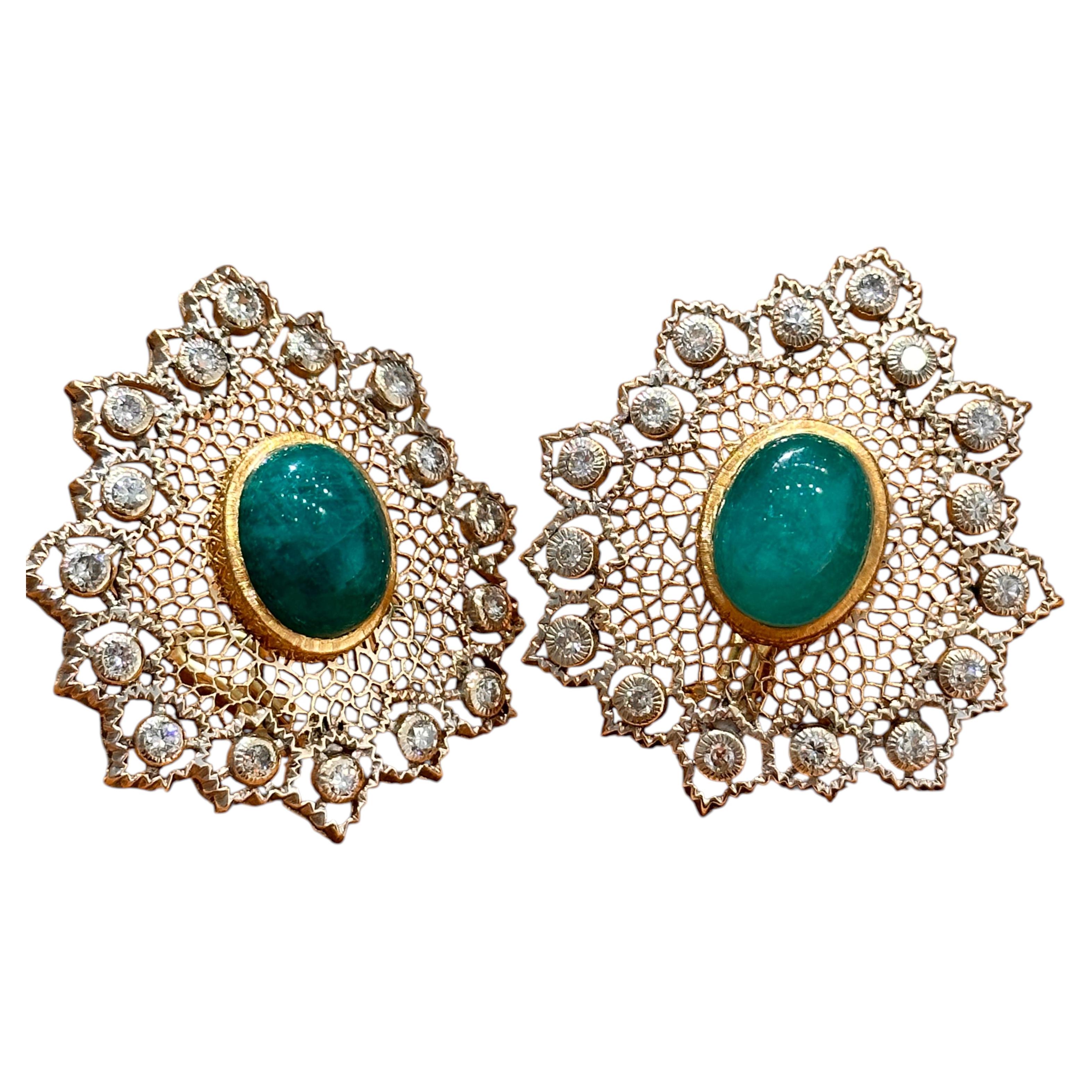 Boucles d'oreilles en tulle, émeraudes et diamants, signées Mario Buccellati, années 1980 en vente