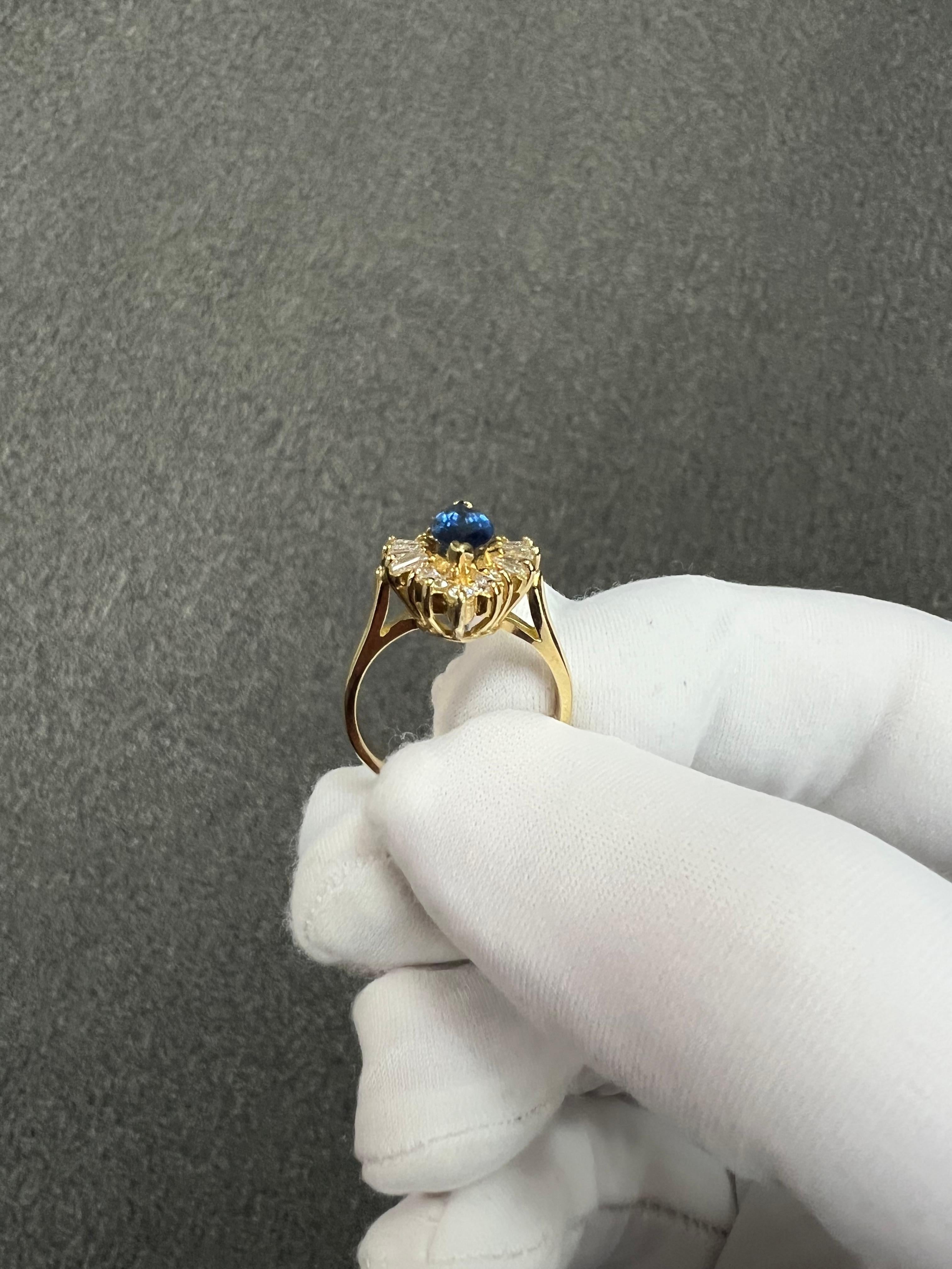 1980s Marquis Sapphire Diamond 14k Yellow Gold Cluster Ring For Sale 4