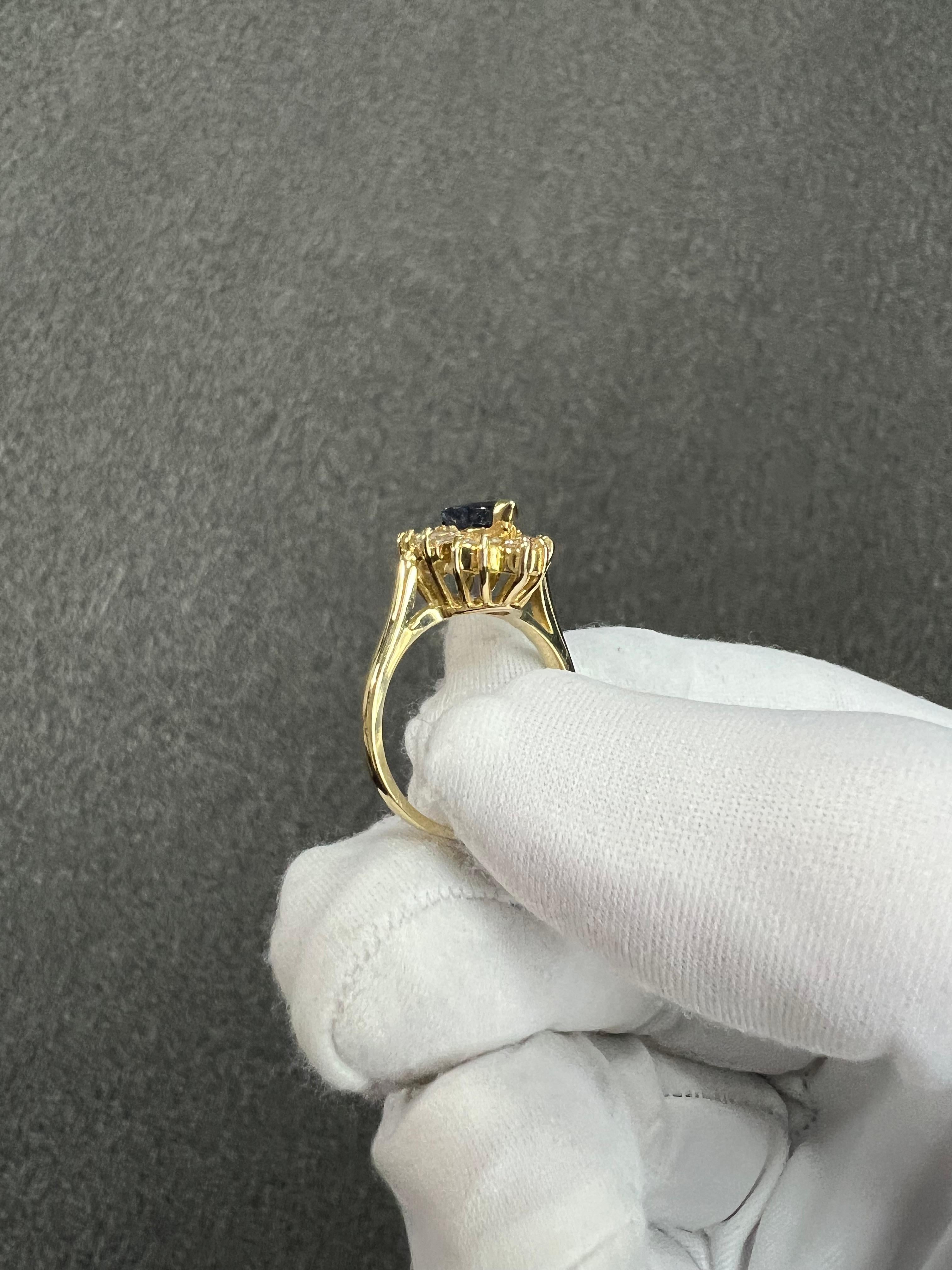 1980s Marquis Sapphire Diamond 14k Yellow Gold Cluster Ring For Sale 5