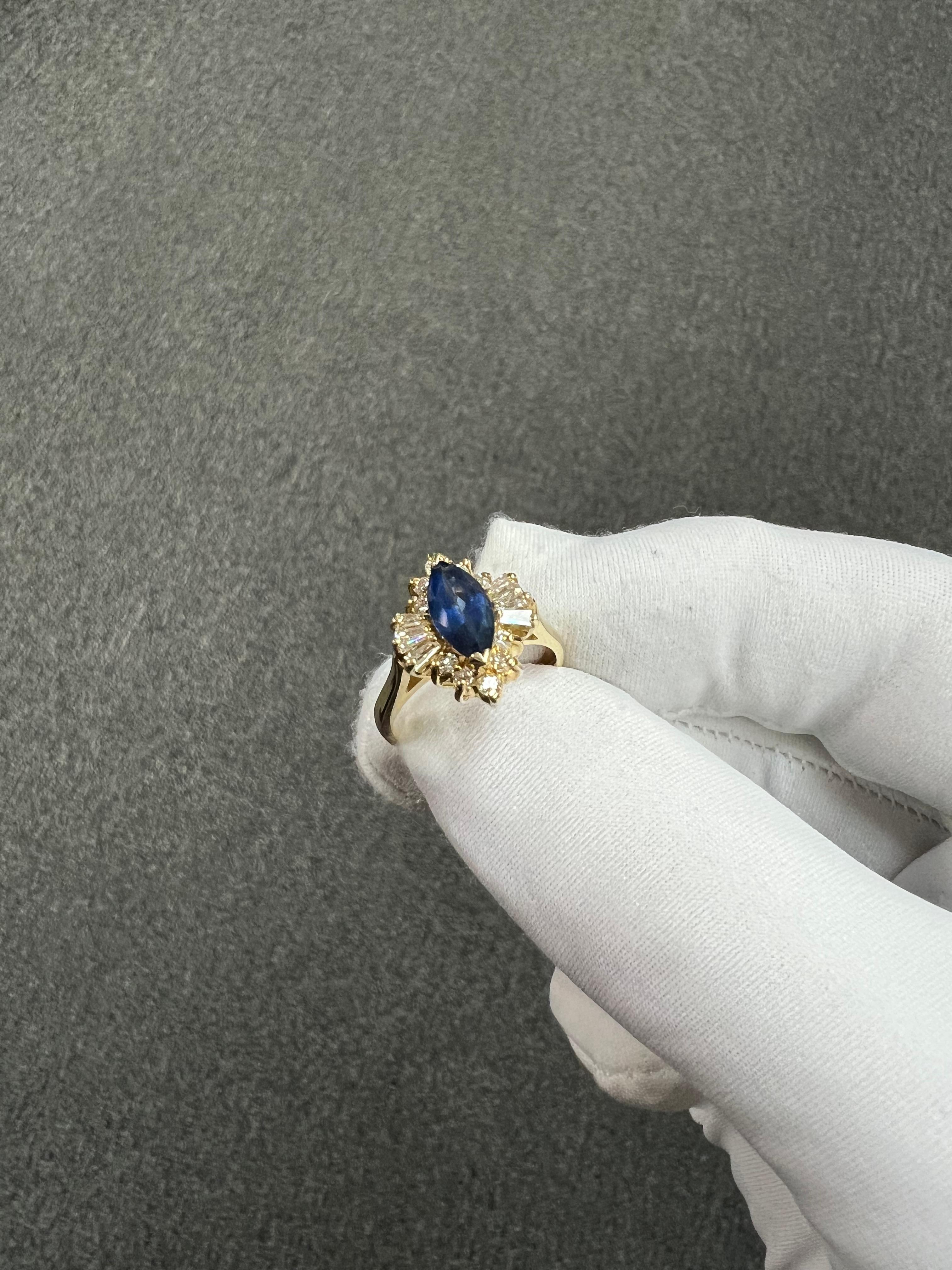 1980s Marquis Sapphire Diamond 14k Yellow Gold Cluster Ring For Sale 8