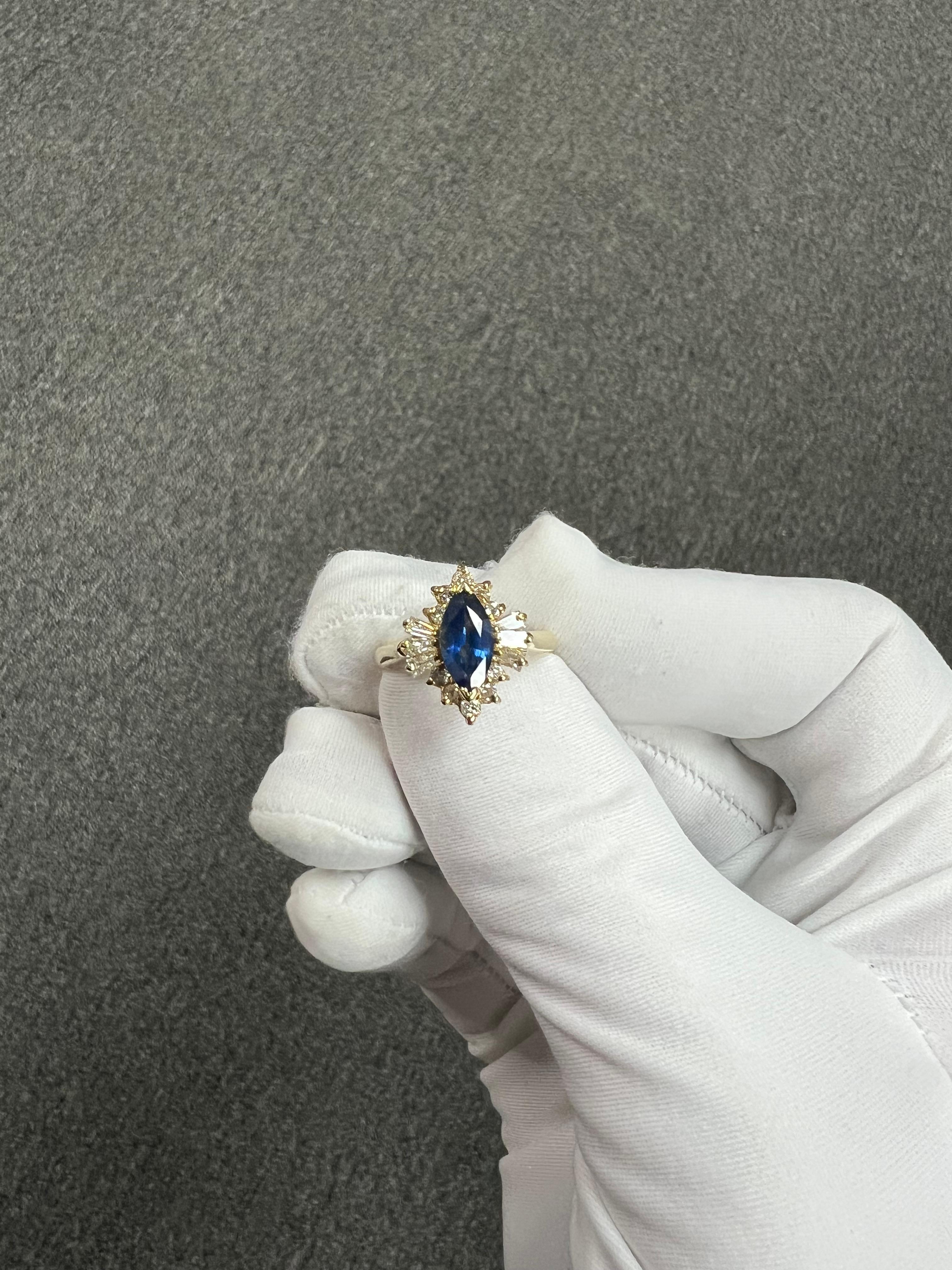 1980s Marquis Sapphire Diamond 14k Yellow Gold Cluster Ring For Sale 9