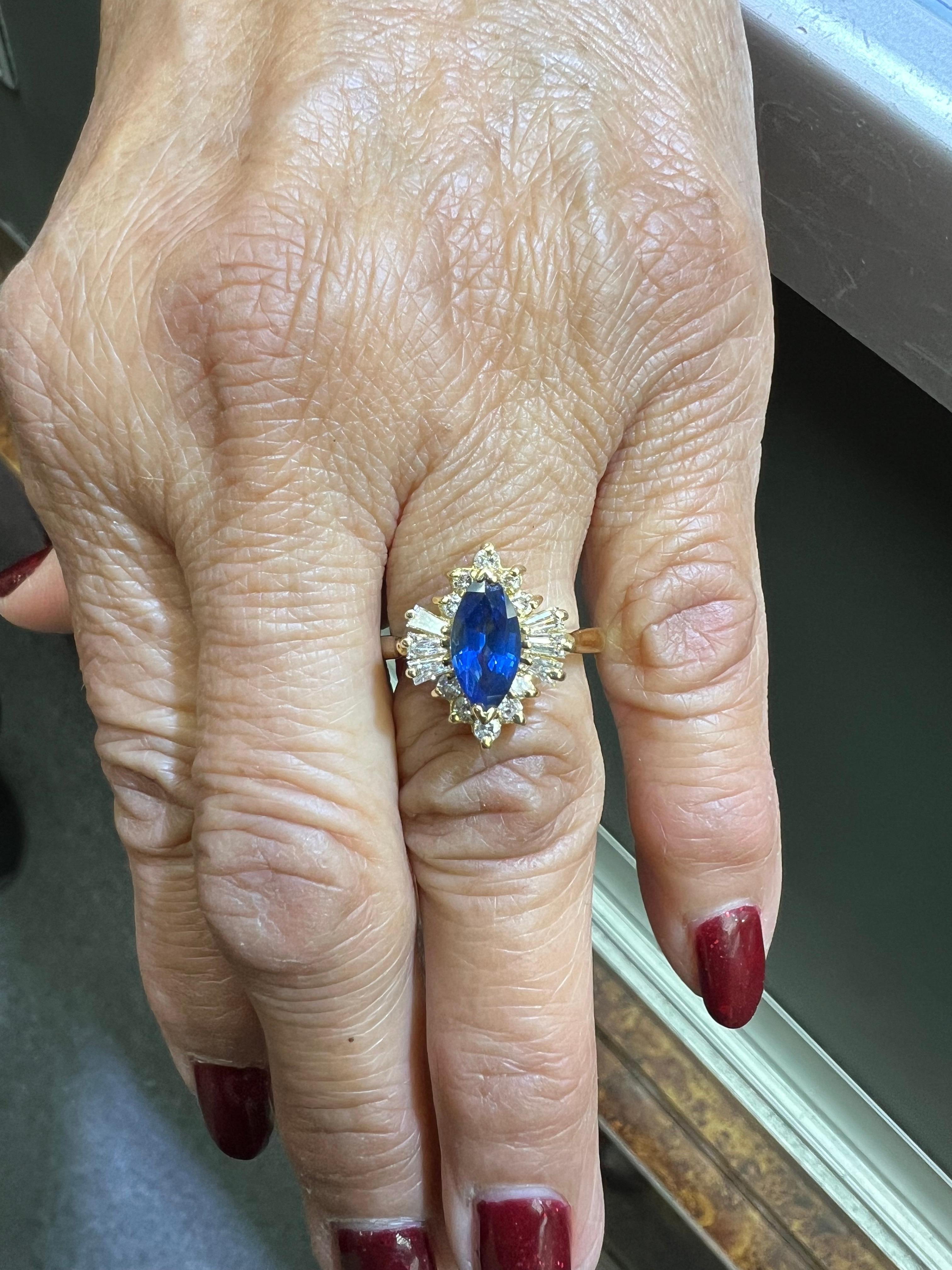 Contemporary 1980s Marquis Sapphire Diamond 14k Yellow Gold Cluster Ring For Sale