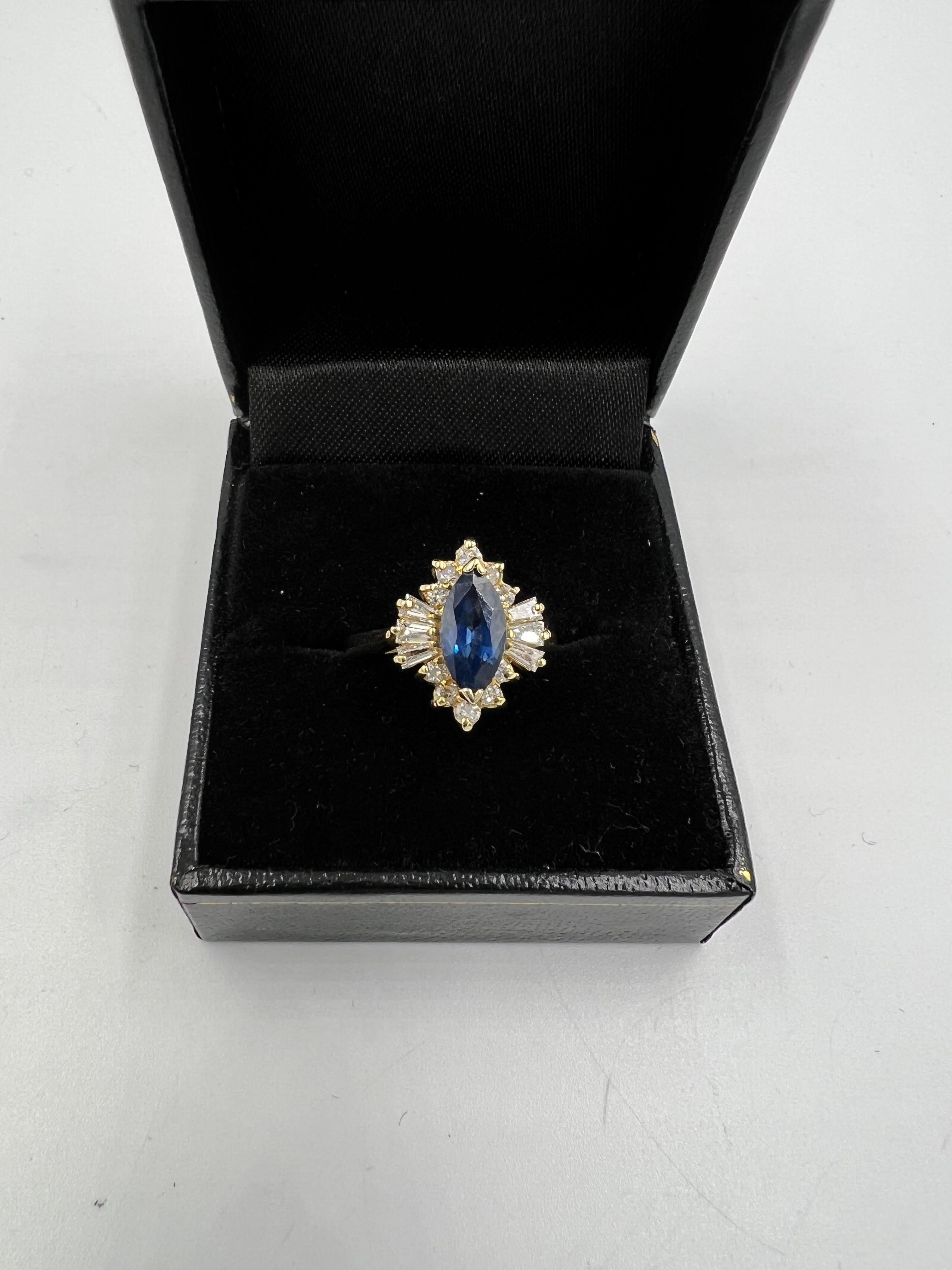 Women's or Men's 1980s Marquis Sapphire Diamond 14k Yellow Gold Cluster Ring For Sale