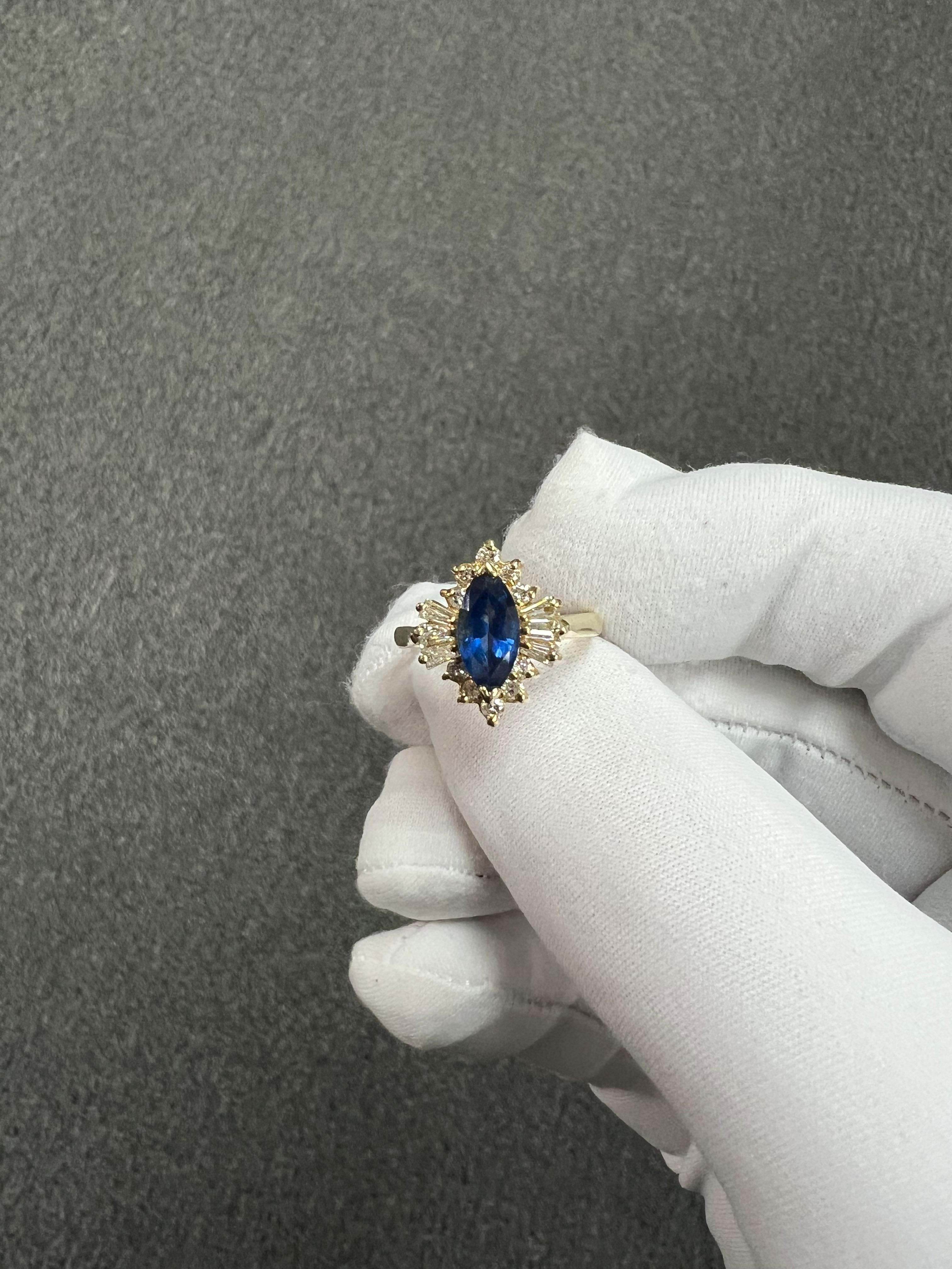 1980s Marquis Sapphire Diamond 14k Yellow Gold Cluster Ring For Sale 3