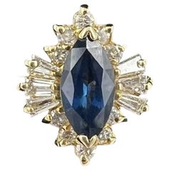 1980s Marquis Sapphire Diamond 14k Yellow Gold Cluster Ring