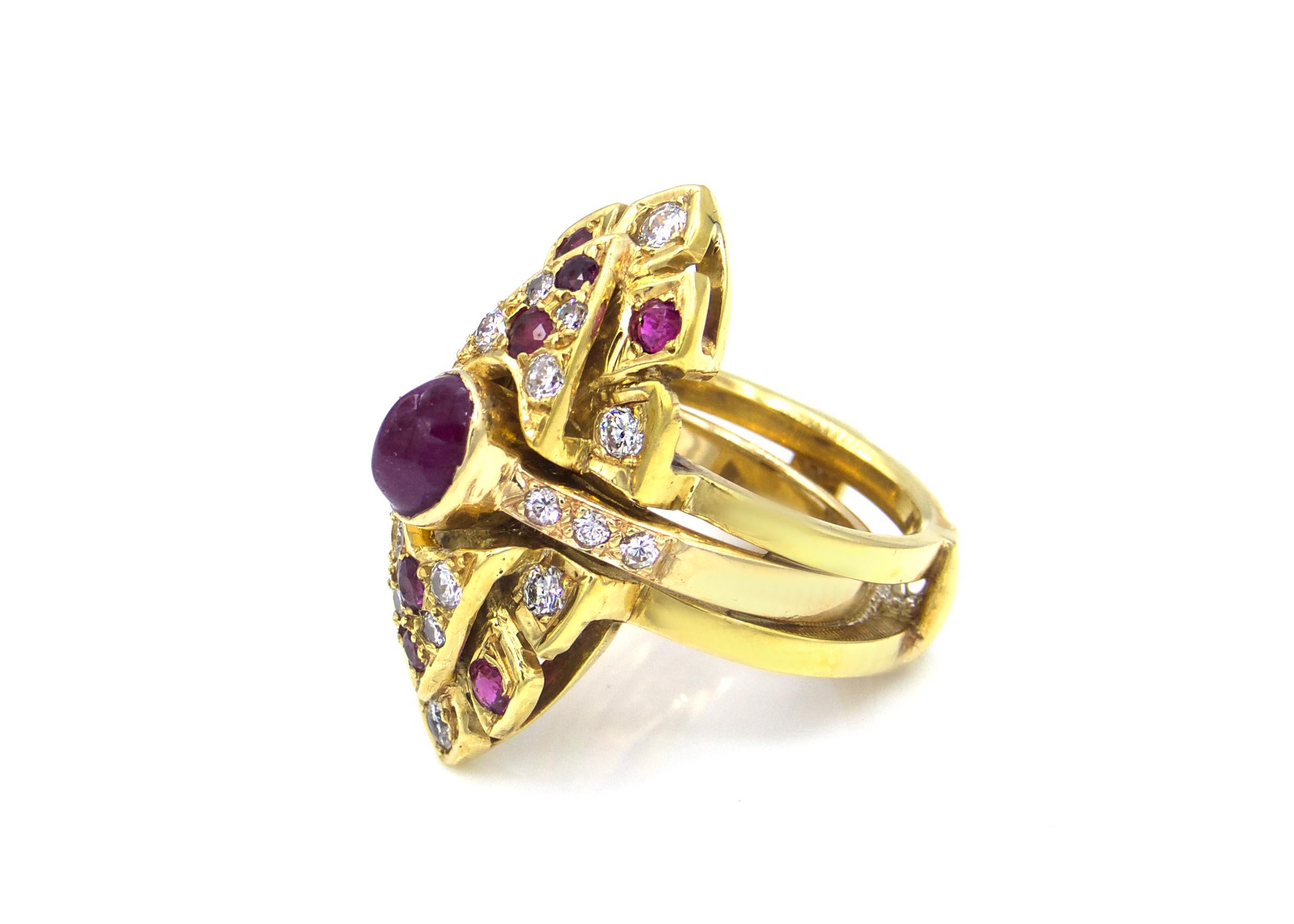 Contemporary 1980s Marquis Shaped Insert Diamond and Ruby Yellow Gold Ring For Sale