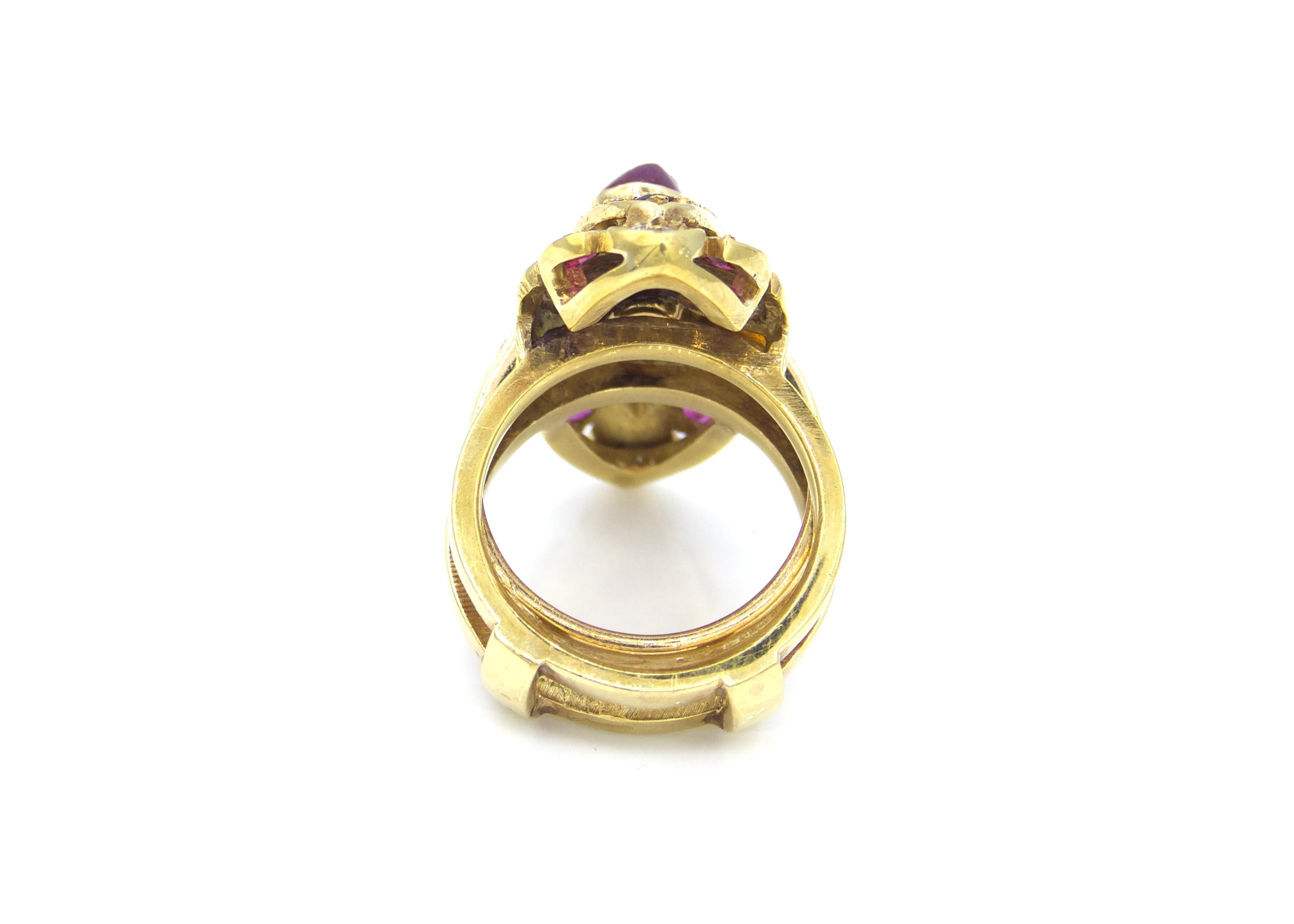 Cabochon 1980s Marquis Shaped Insert Diamond and Ruby Yellow Gold Ring For Sale