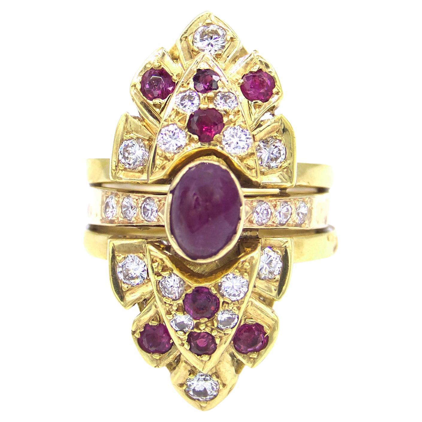 1980s Marquis Shaped Insert Diamond and Ruby Yellow Gold Ring For Sale