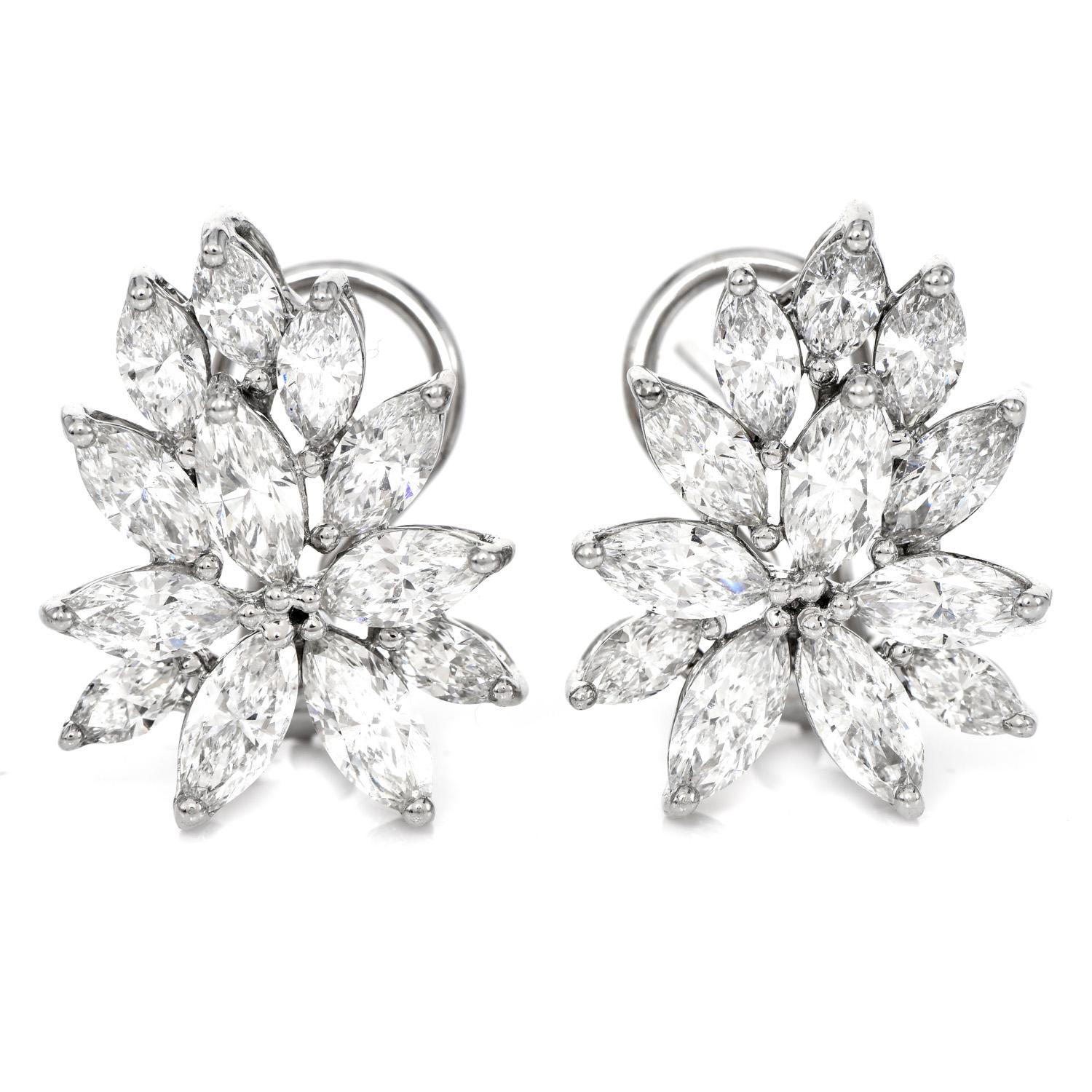 These highly sparkly earrings will continue to make you feel fancy and special.

The shimmer is boasting (24) genuine natural diamonds with marquise shape & prong-set, with  5.70 carats in total,  G-H color, and VS1-VS2 clarity. 

The backings are