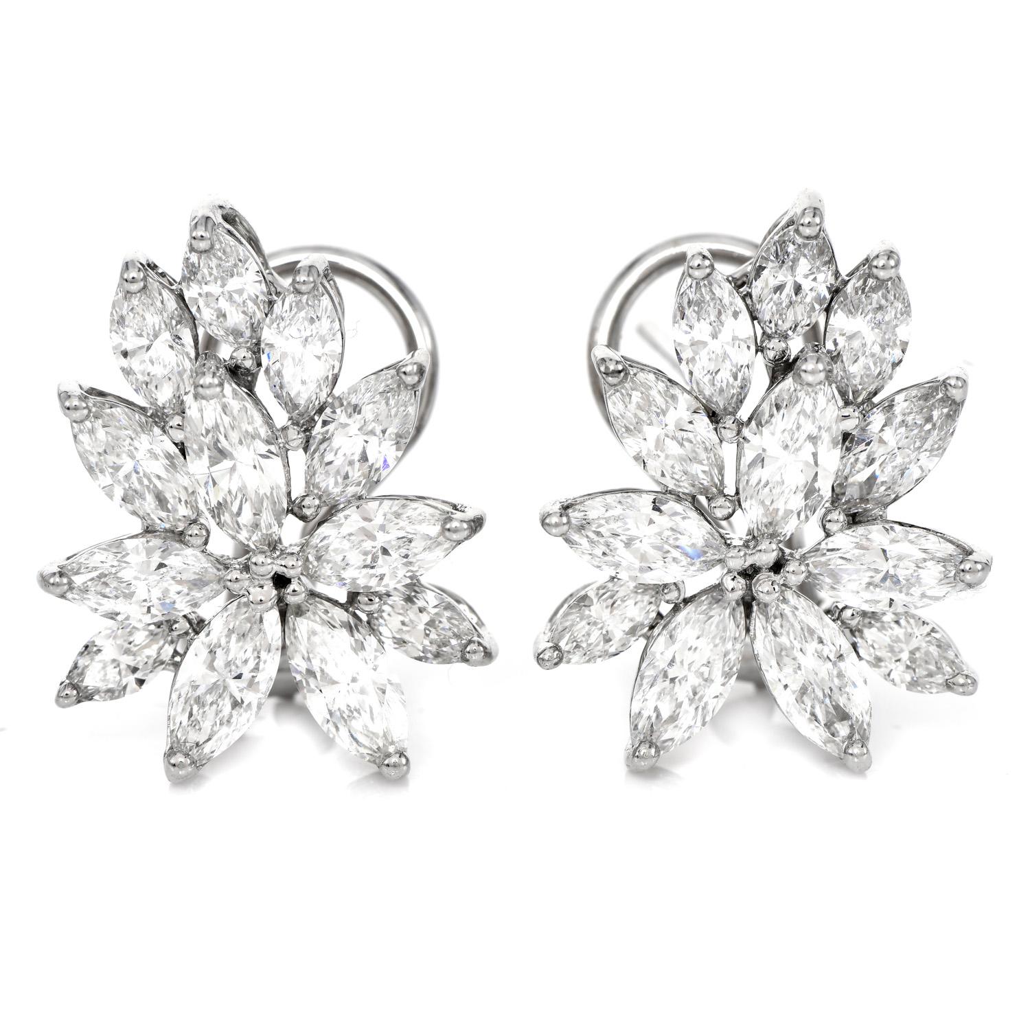 These highly sparkly earrings will continue to make you feel fancy and special.

The shimmer is boasting (24) genuine natural diamonds with marquise shape & prong-set, with  5.70 carats in total,  G-H color, and VS1-VS2 clarity. 

The backings are