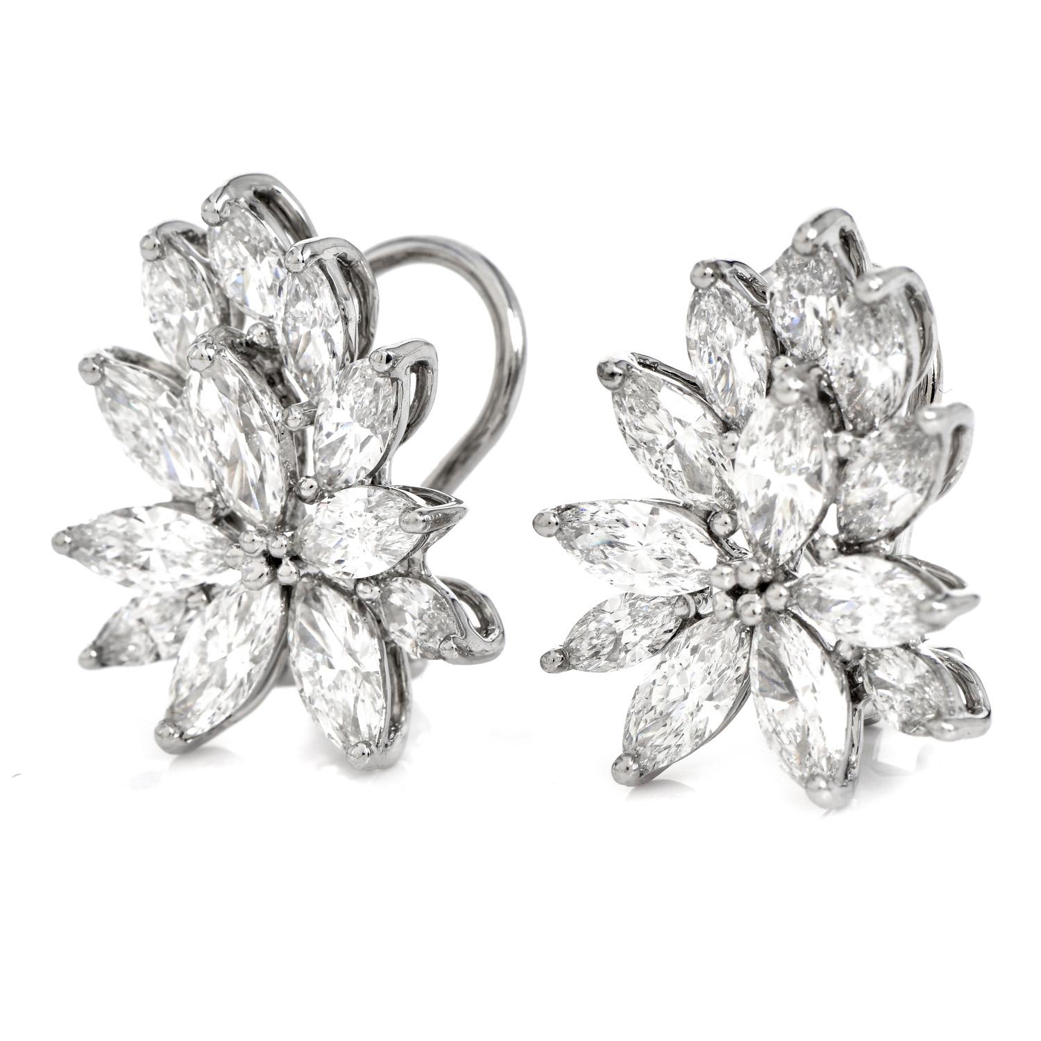 Retro 1980's Marquise Cut Diamond Platinum Flower Cluster Clip on Earrings For Sale