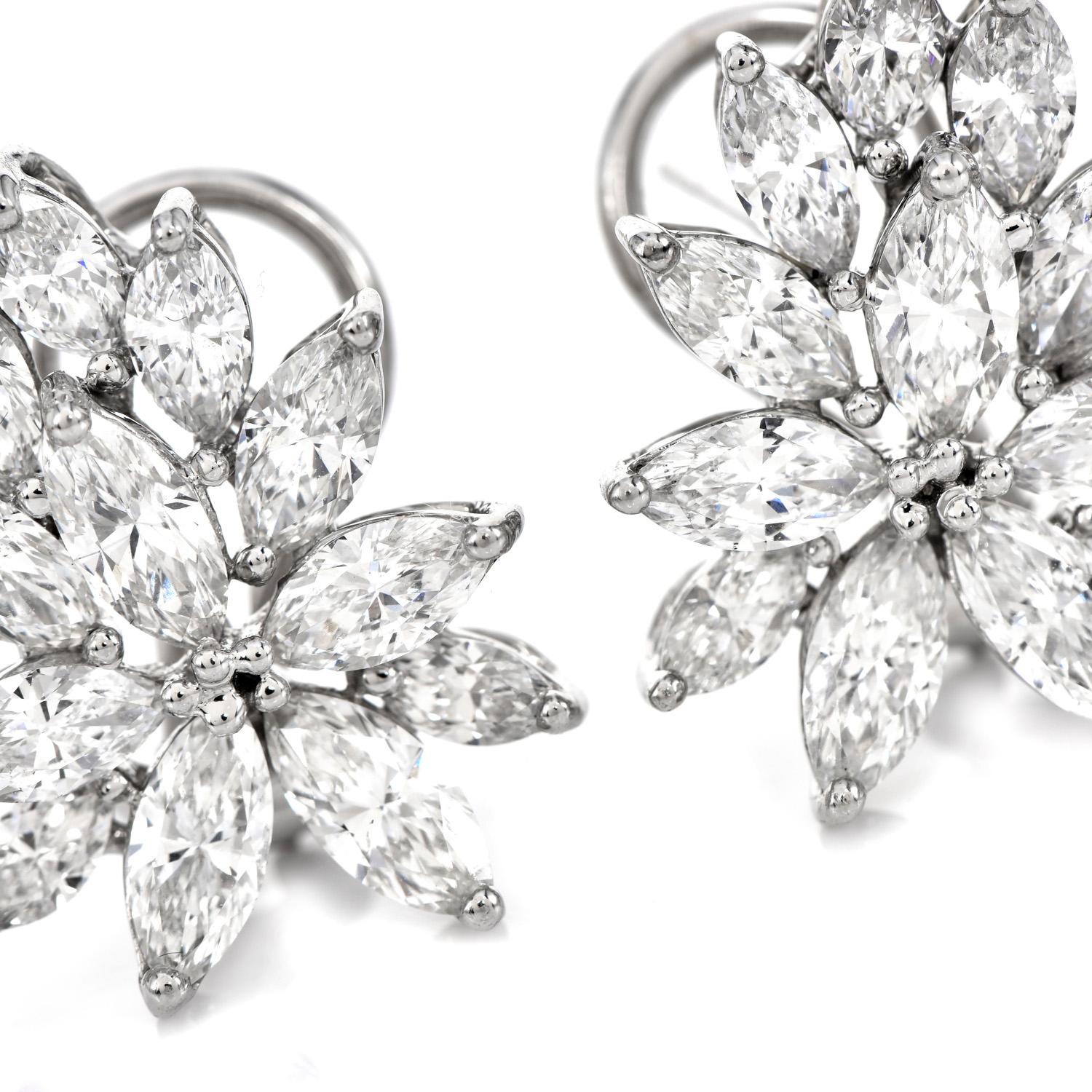 1980's Marquise Cut Diamond Platinum Flower Cluster Clip on Earrings In Excellent Condition In Miami, FL