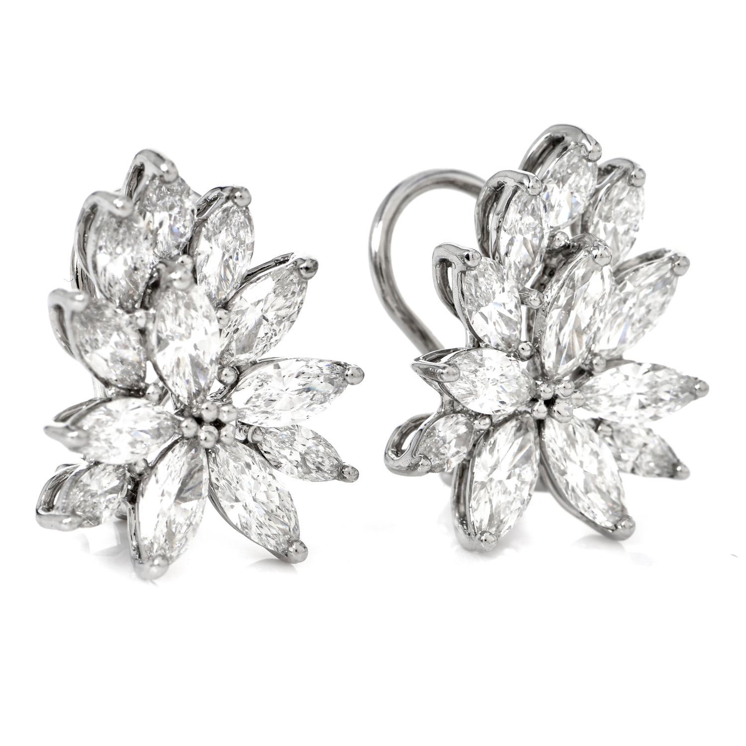 Women's 1980's Marquise Cut Diamond Platinum Flower Cluster Clip on Earrings For Sale