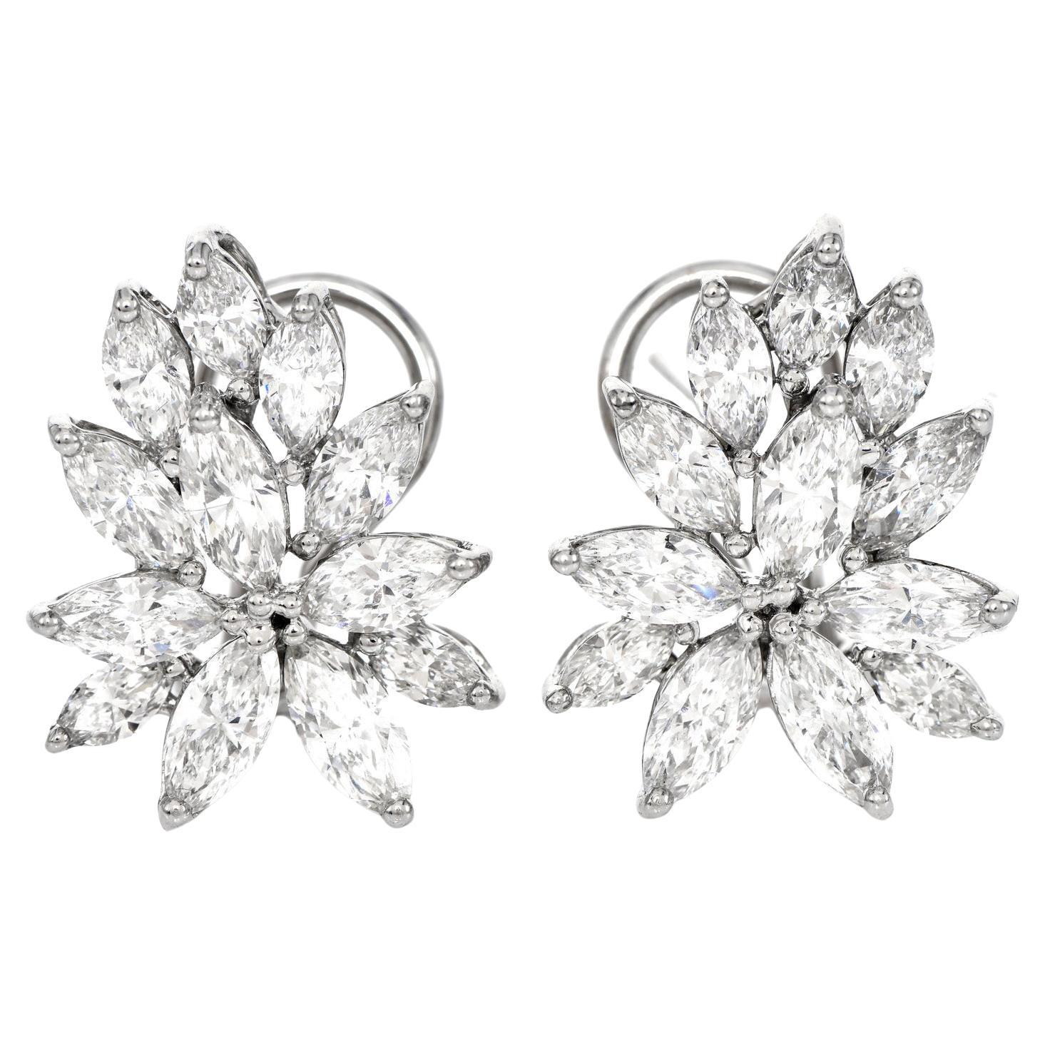 1980's Marquise Cut Diamond Platinum Flower Cluster Clip on Earrings