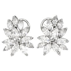 Vintage 1980's Marquise Cut Diamond Platinum Flower Cluster Clip on Earrings