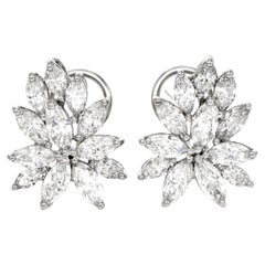 1980's Marquise Cut Diamond Platinum Flower Cluster Clip on Earrings