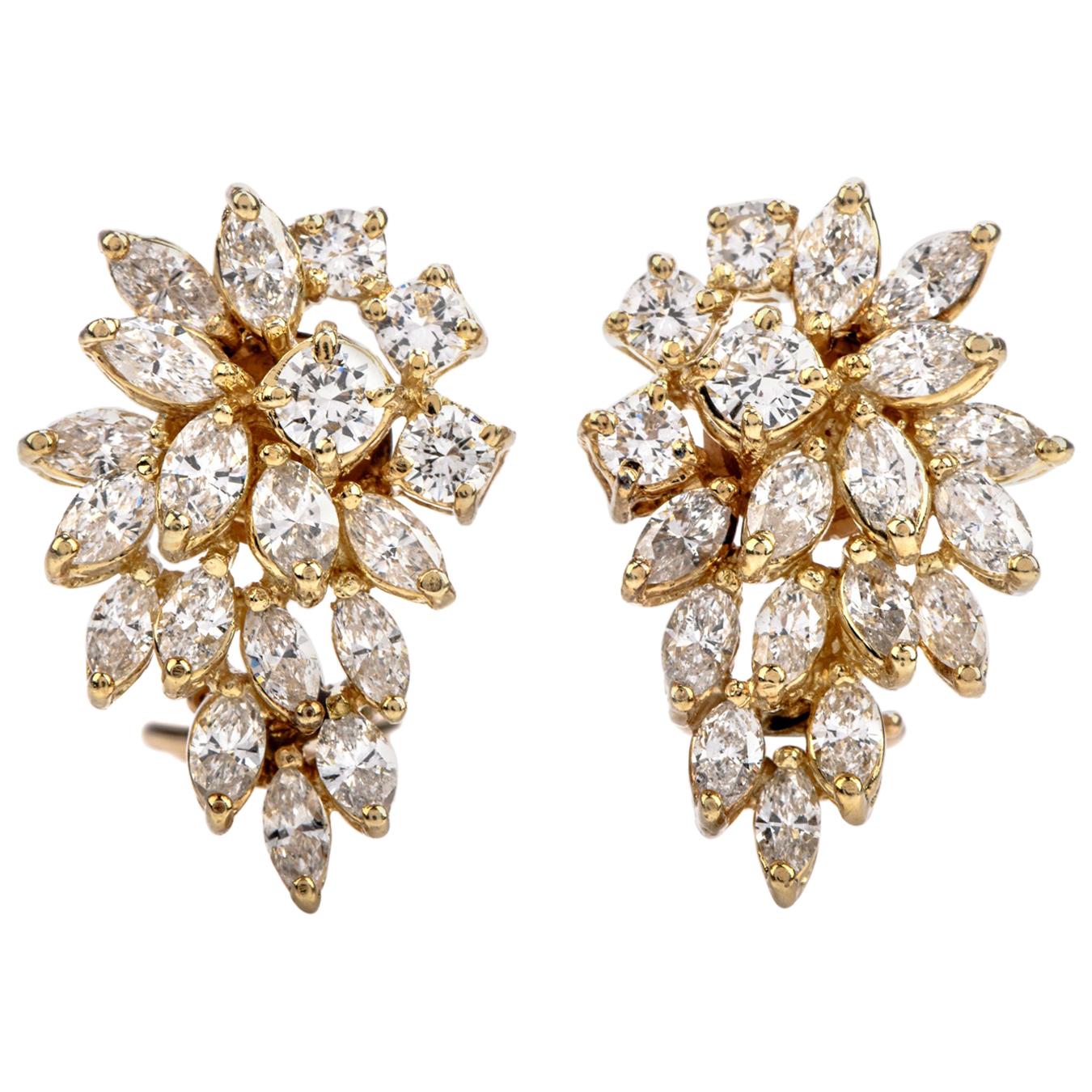 Pearl Marquise Diamond Gold Clip-on Cluster Earrings at 1stDibs