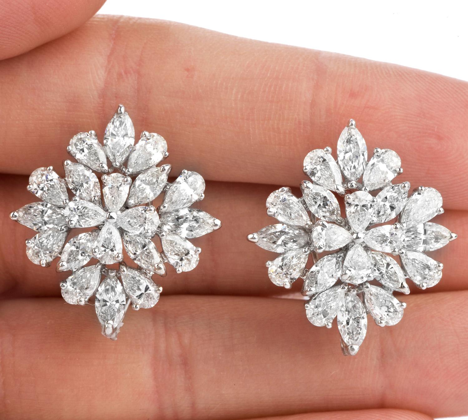 Women's or Men's 1980's Marquise Pear Cluster 9.65cts Diamond 18k Gold Earrings