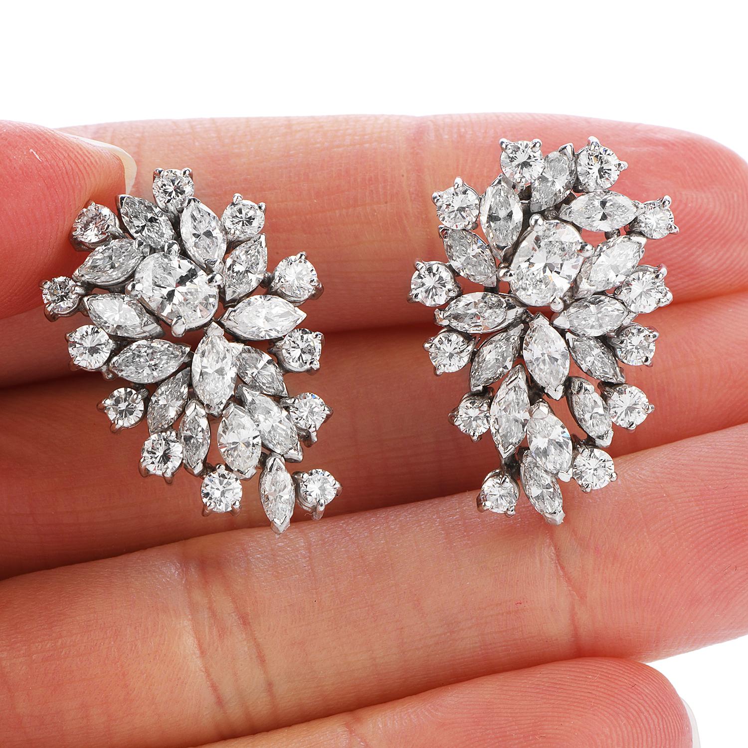 Round Cut 1980's Marquise Round Oval Cluster Diamond Platinum Clip Back Earrings