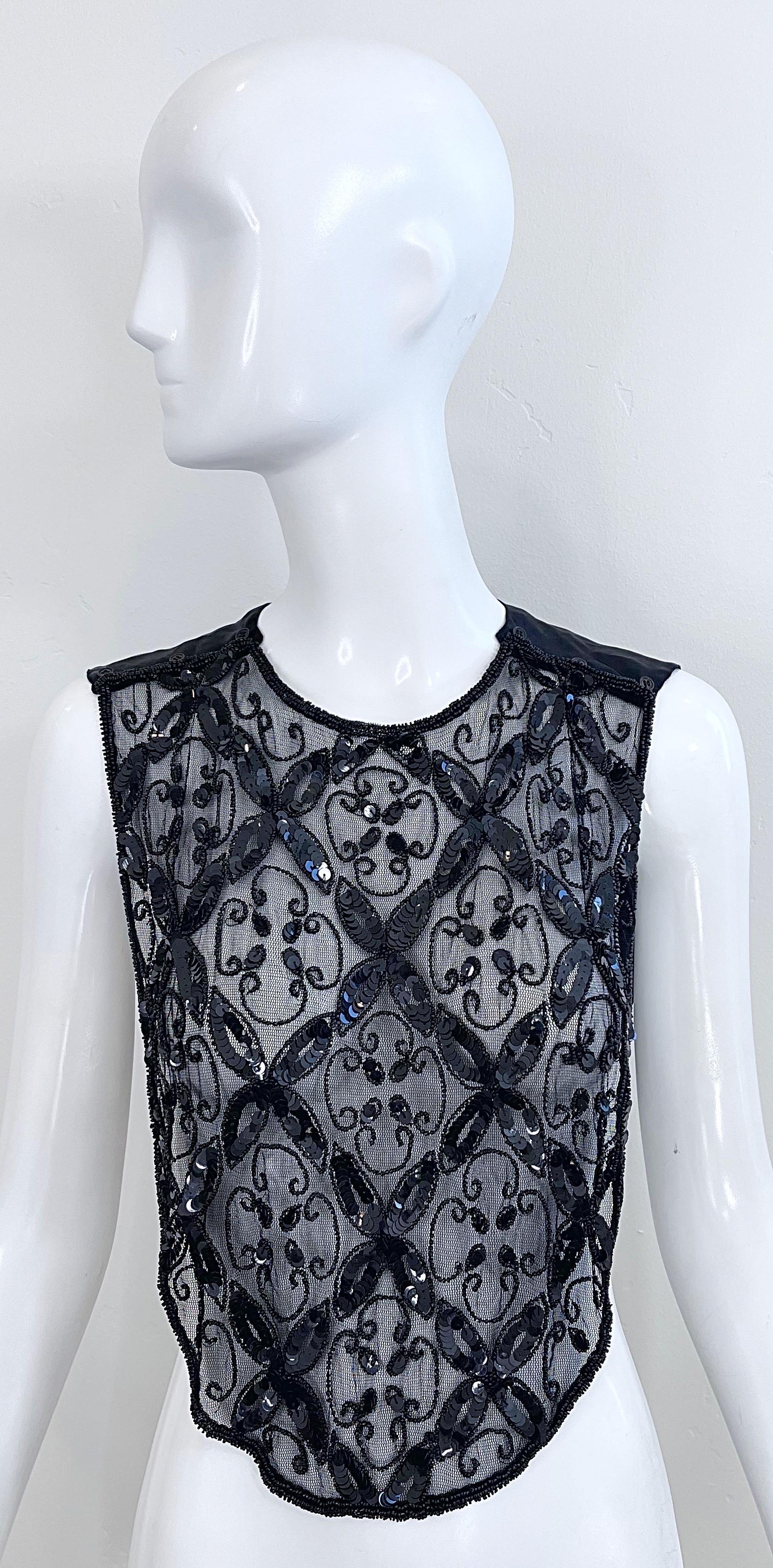 1980s Mary McFadden Black Sequin Beaded Dickie Vintage 80s Crop Top Shirt Vest  For Sale 4