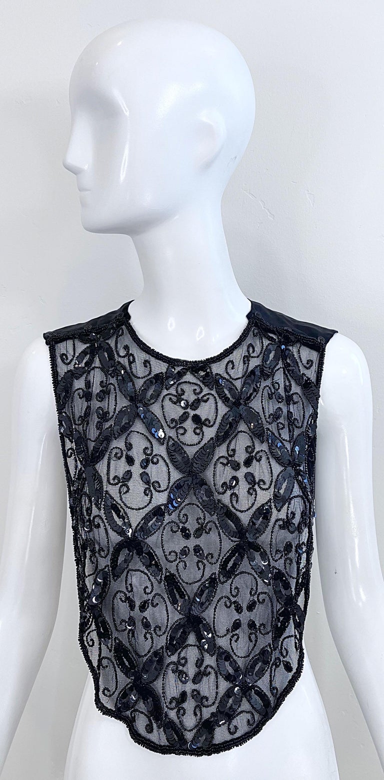 1980s Mary McFadden Black Sequin Beaded Dickie Vintage 80s Crop Top Shirt Vest  For Sale 7