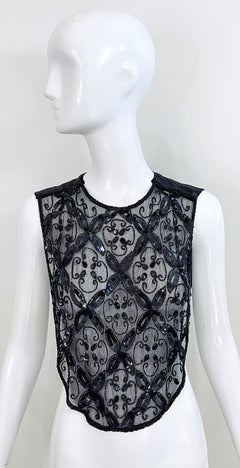 1980s Mary McFadden Black Sequin Beaded Dickie Vintage 80s Crop Top Shirt Vest