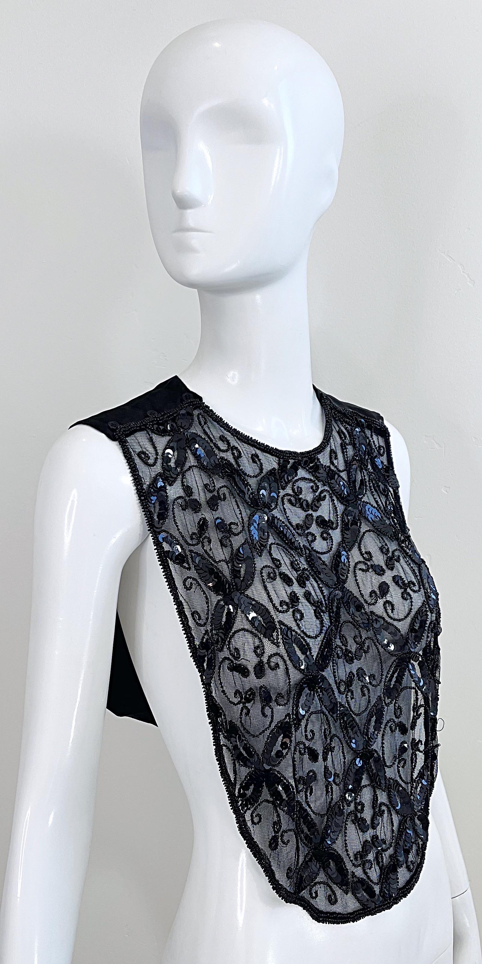 1980s Mary McFadden Black Sequin Beaded Dickie Vintage 80s Crop Top Shirt Vest  In Excellent Condition For Sale In San Diego, CA