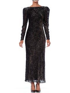 1980S MARY MCFADDEN Black & Silver Silk Lurex Burnout Velvet Bias Backless Long