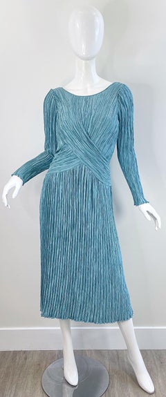 1980s Mary McFadden Couture Size 12 Blue Fortuny Pleated Vintage 80s Dress