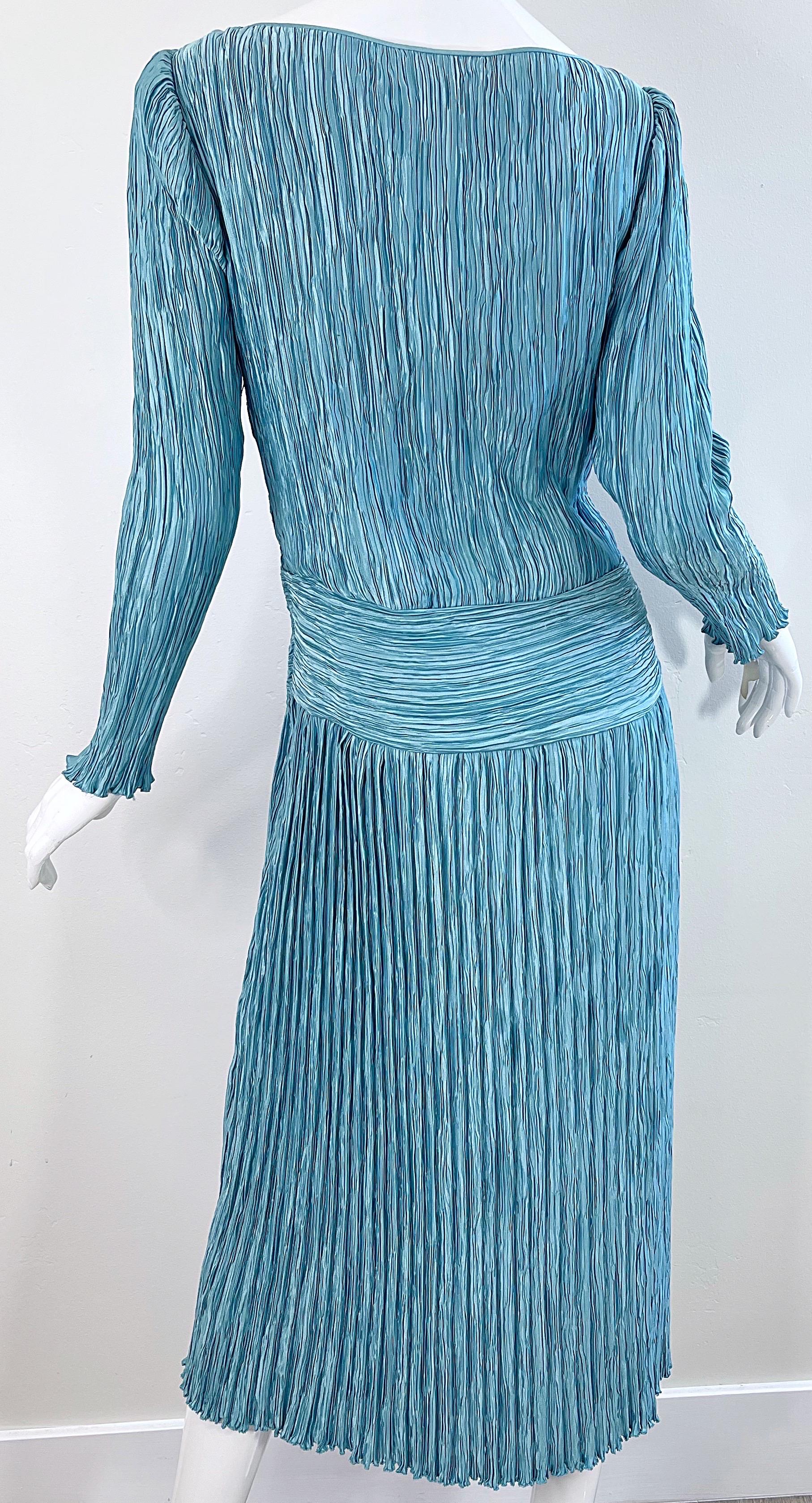 Women's 1980s Mary McFadden Couture Size 12 Blue Fortuny Pleated Vintage 80s Dress
