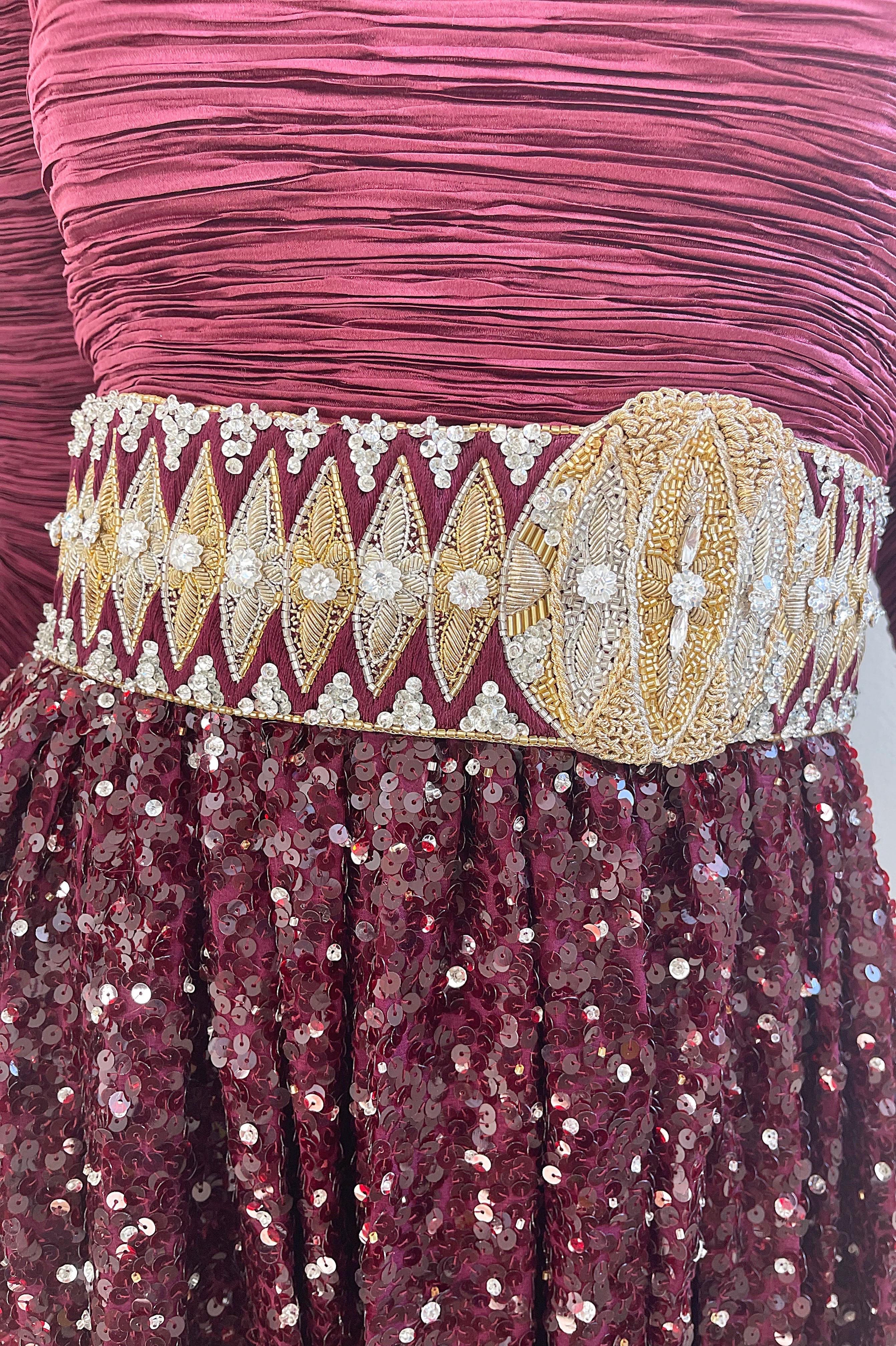 1990s Mary McFadden Couture Size 2 / 4 Burgundy Sequin Pleated Vintage 90s Dress For Sale 6
