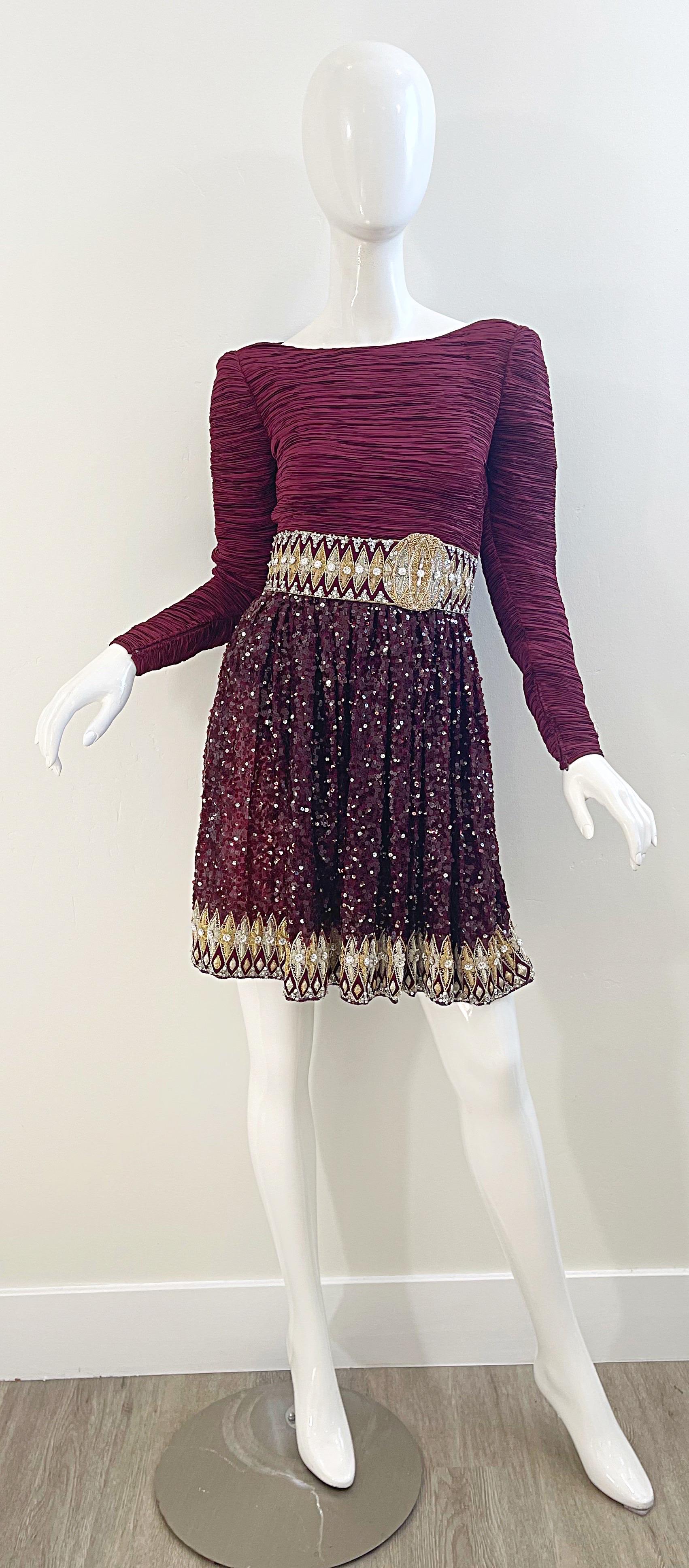 1990s Mary McFadden Couture Size 2 / 4 Burgundy Sequin Pleated Vintage 90s Dress For Sale 1