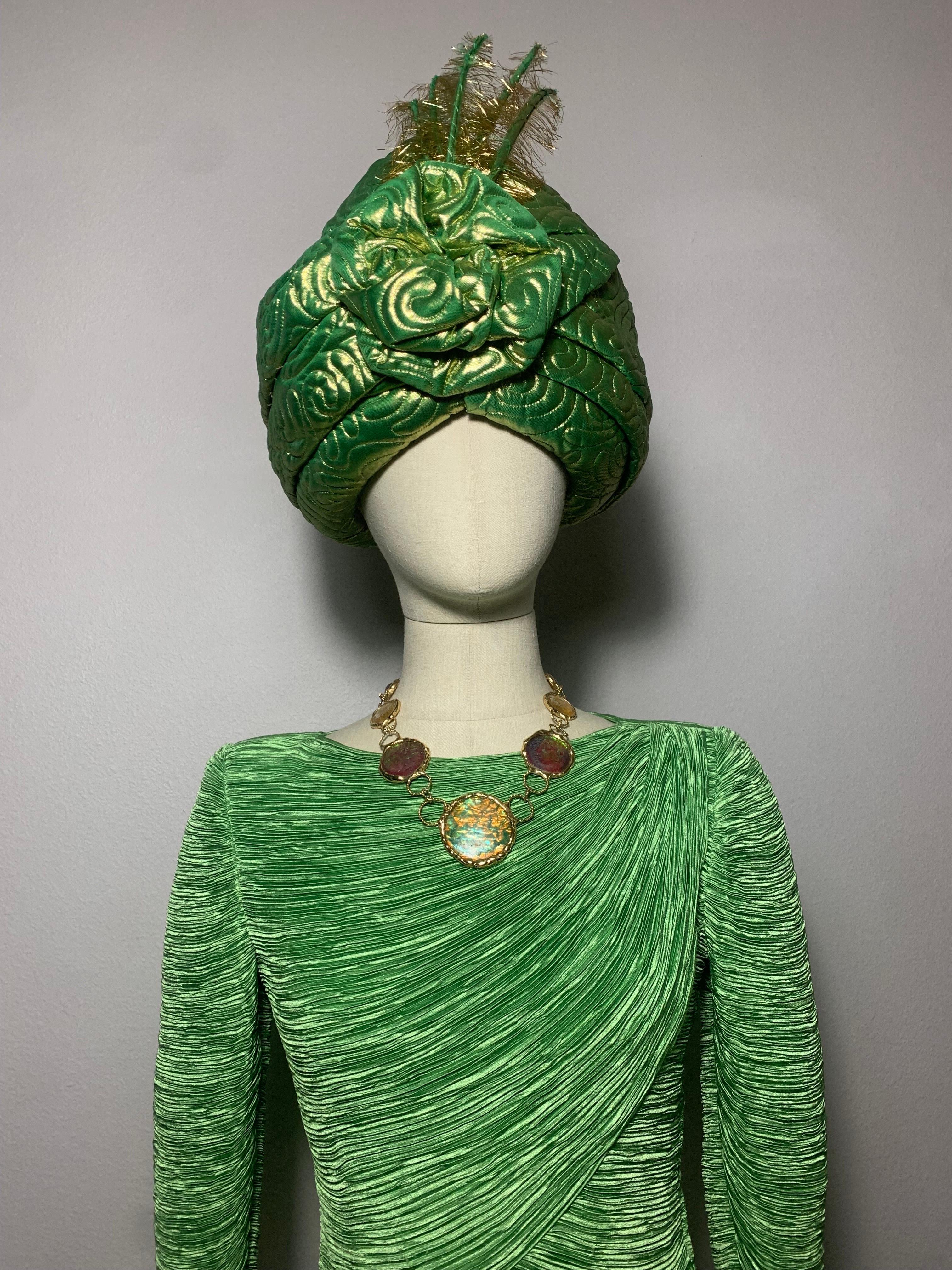 1980s Mary McFadden Jade Green Fortuny-Style Silk Column Gown w Long Sleeves For Sale 10