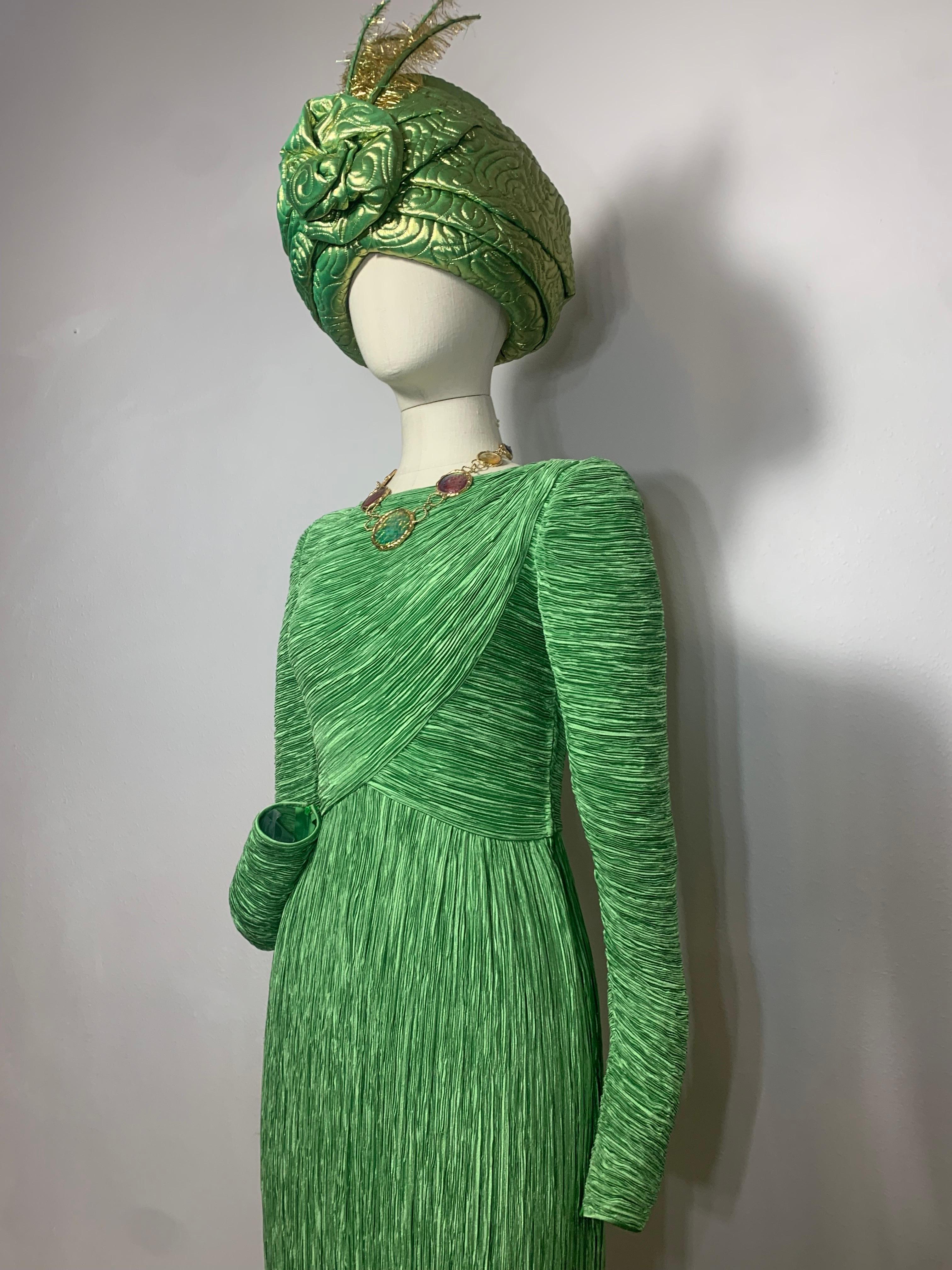 1980s Mary McFadden Jade Green Fortuny-Style Silk Column Gown w Long Sleeves For Sale 11