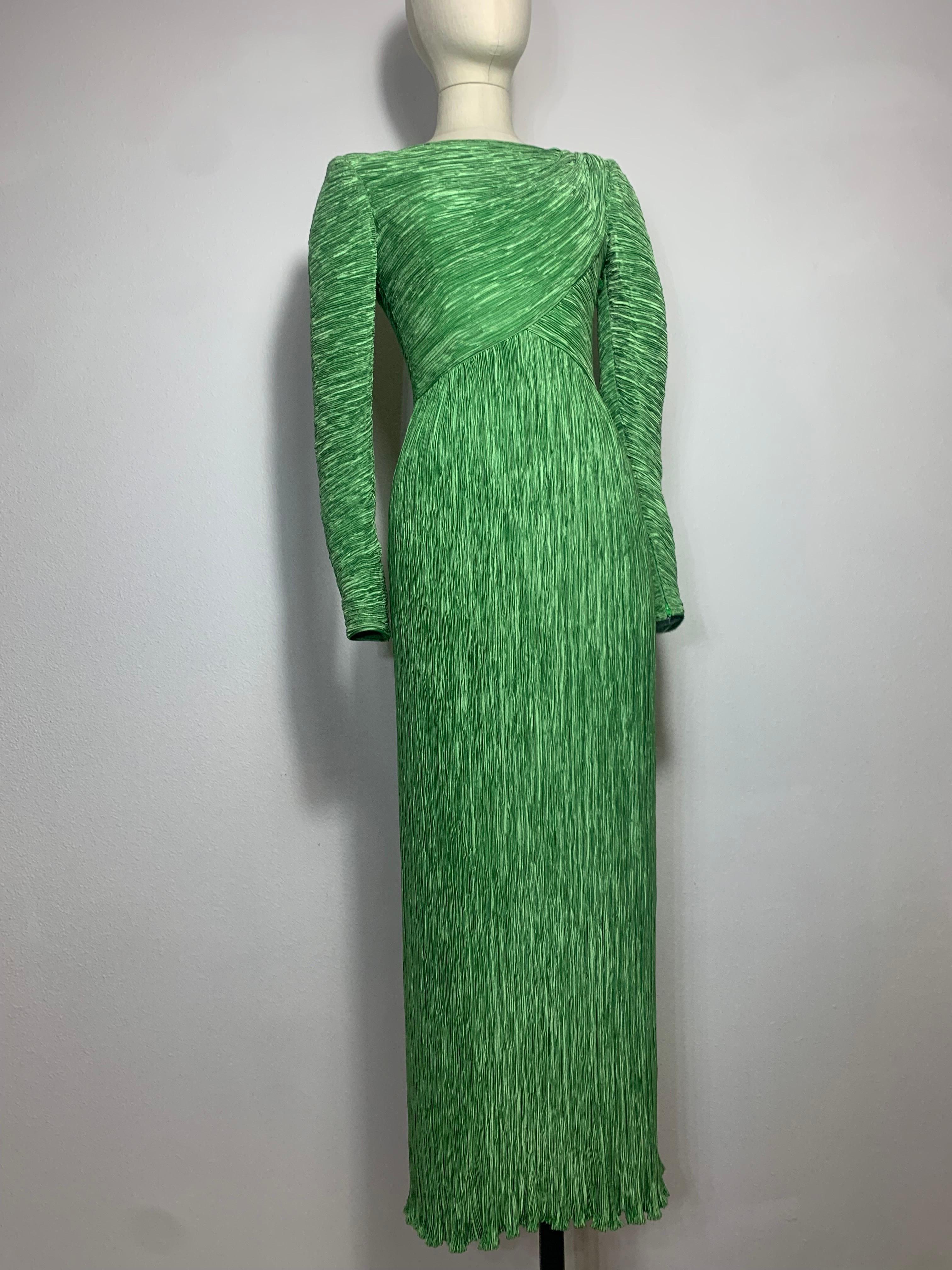Women's 1980s Mary McFadden Jade Green Fortuny-Style Silk Column Gown w Long Sleeves For Sale