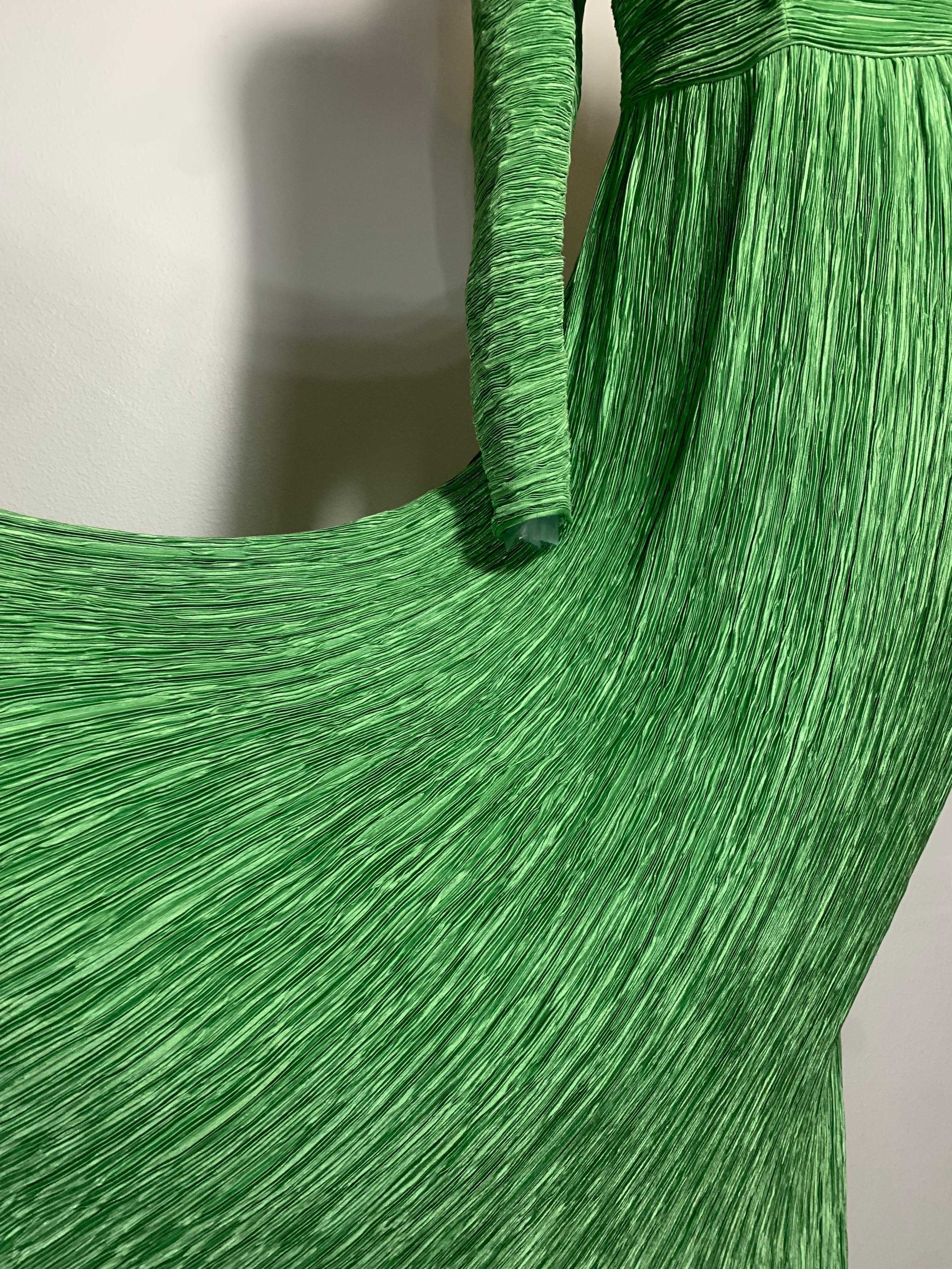 1980s Mary McFadden Jade Green Fortuny-Style Silk Column Gown w Long Sleeves For Sale 2