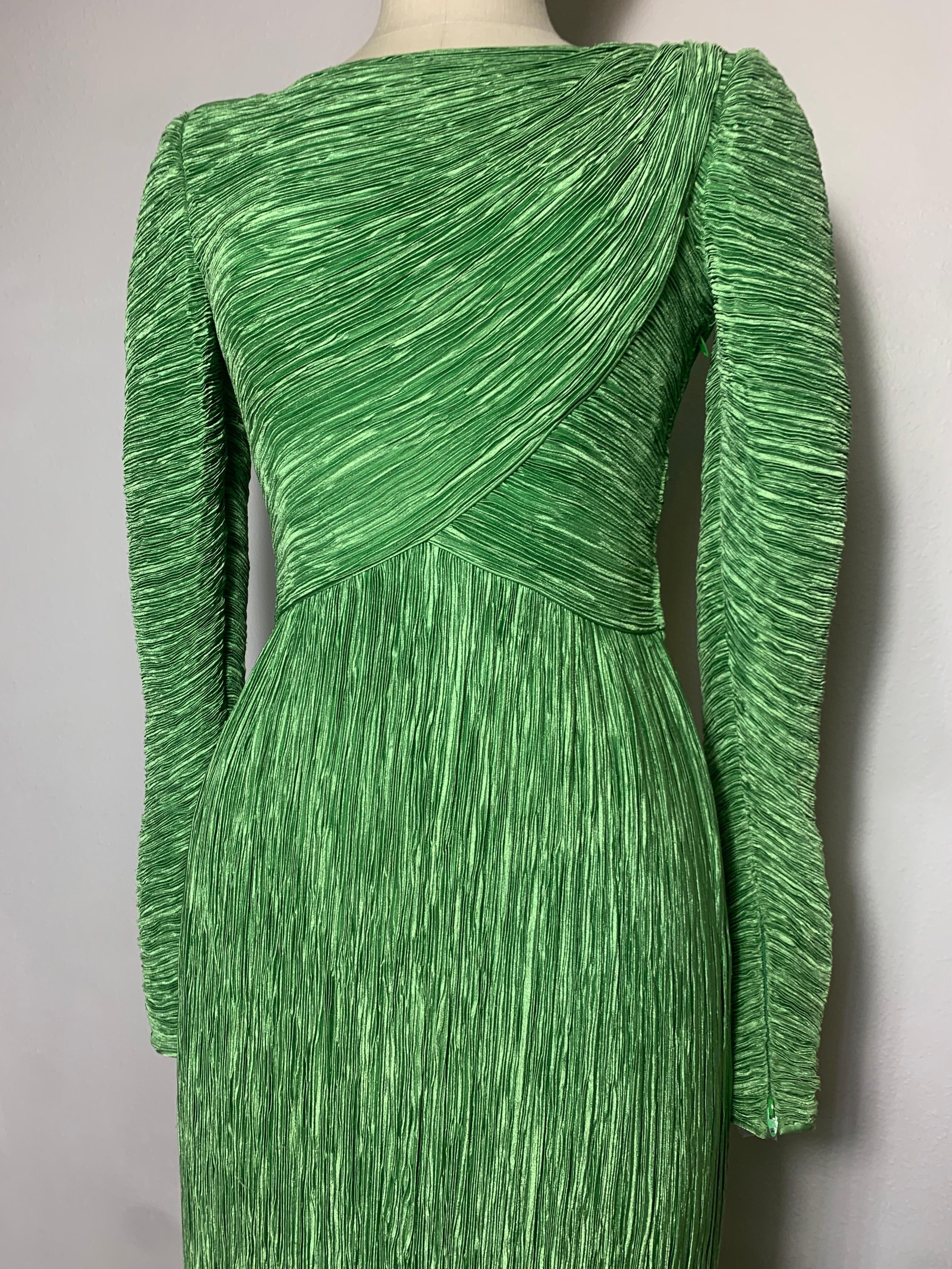 1980s Mary McFadden Jade Green Fortuny-Style Silk Column Gown w Long Sleeves For Sale 4