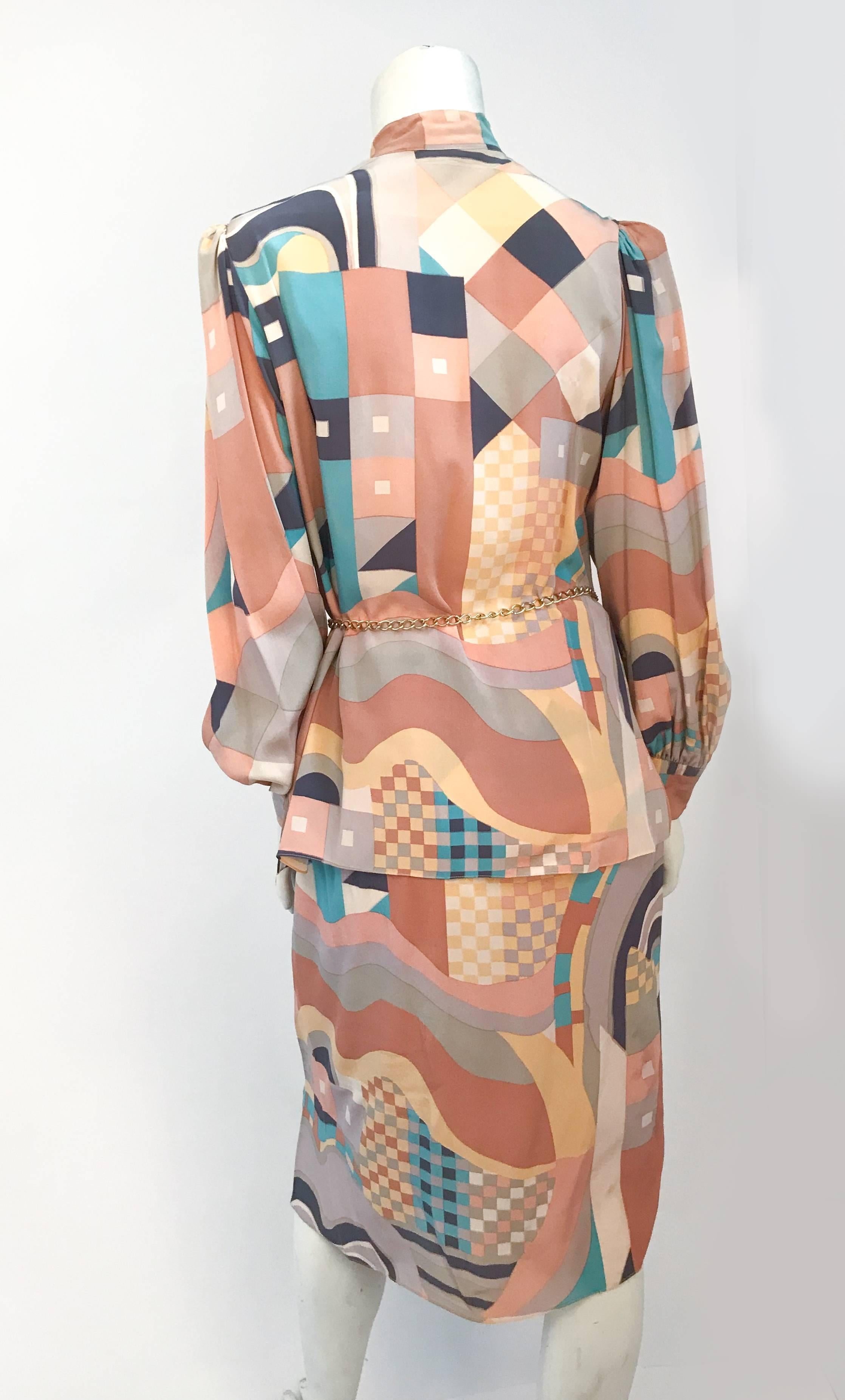 Beige 1980s Mary McFadden Orange Geometric Abstract Print Skirt & Top Set
